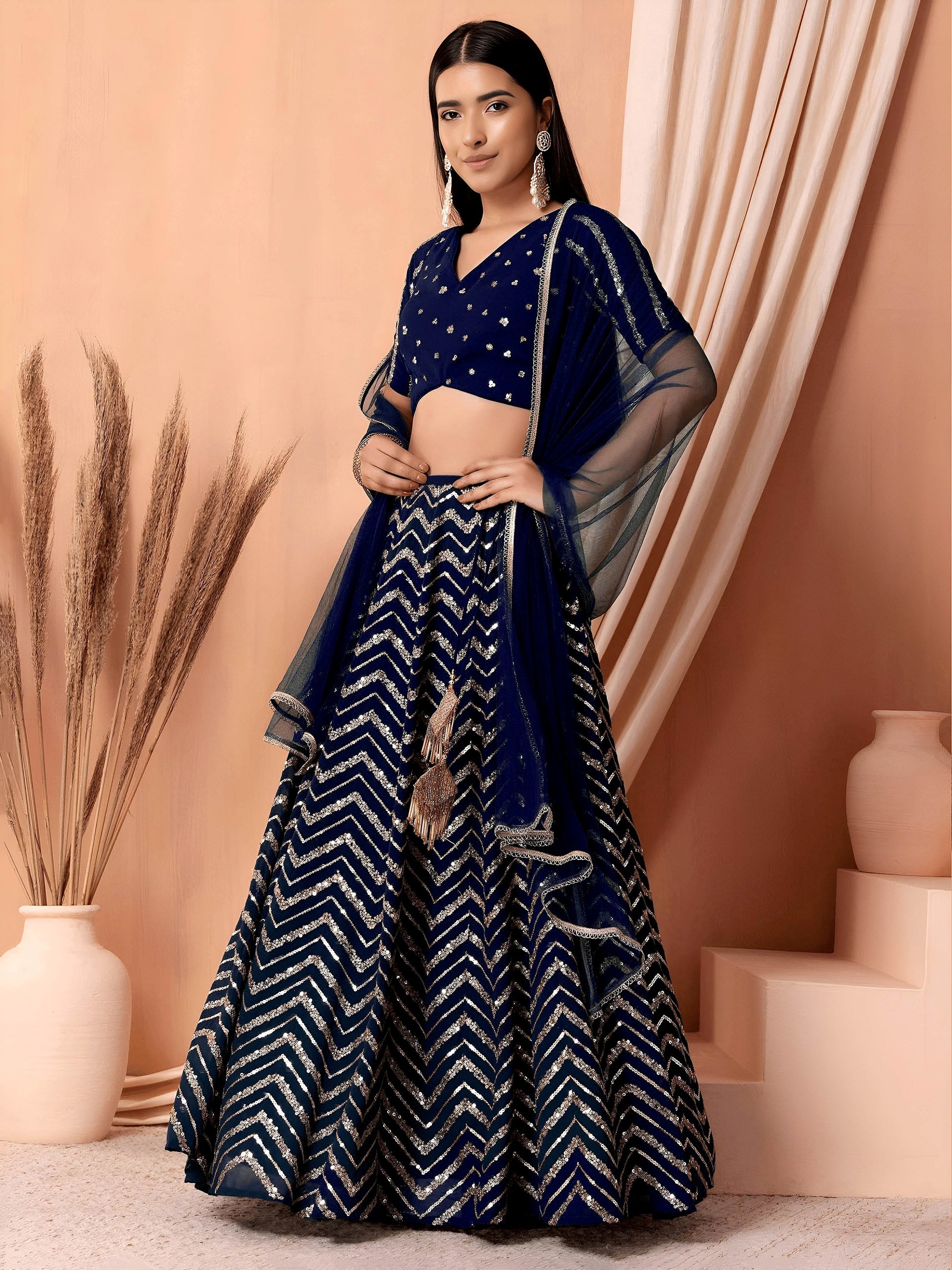 Desirable Navy Blue Embroidered Georgette Lehenga Choli With Dupatta