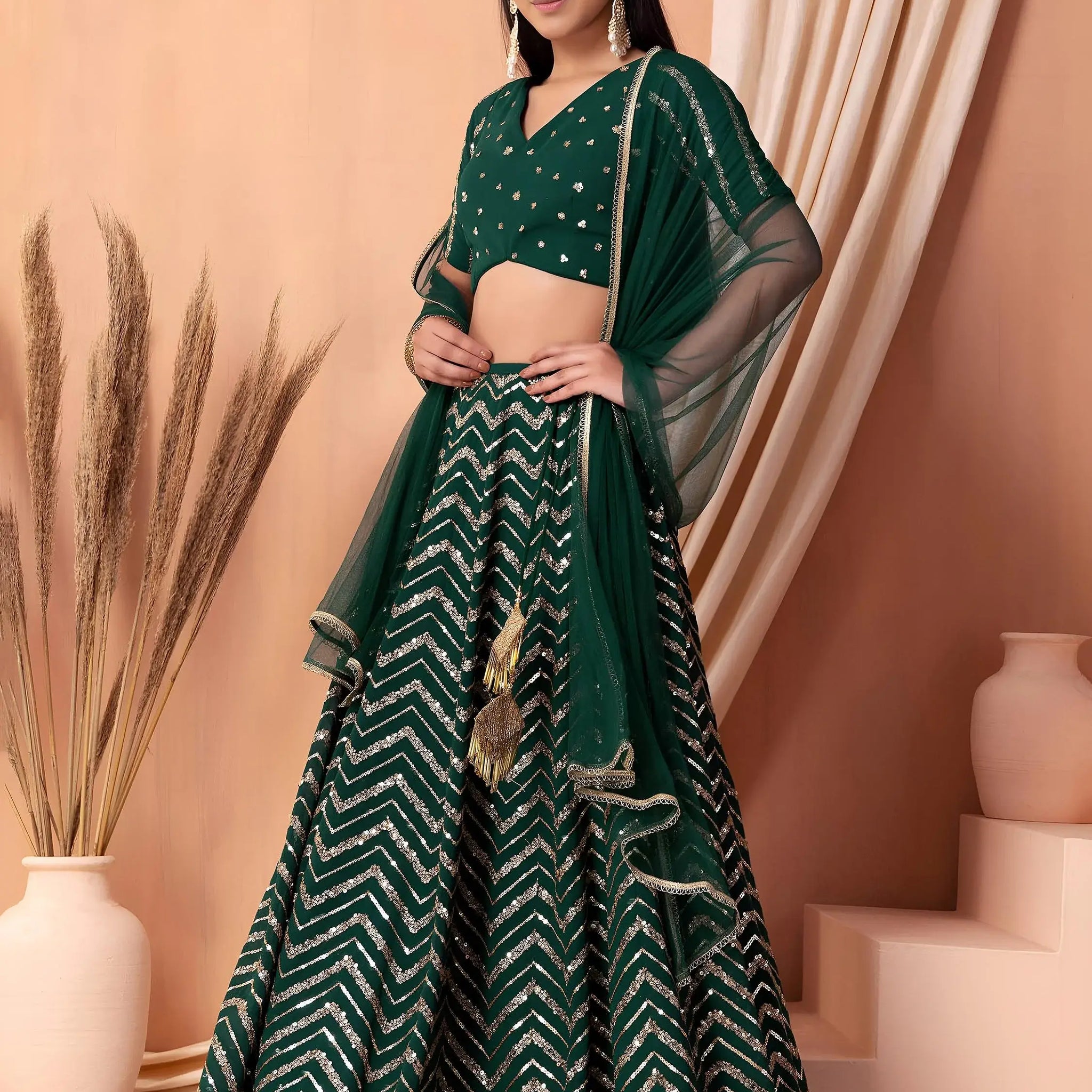 Alluring Green Embroidered Georgette Mehendi Wear Lehenga Choli