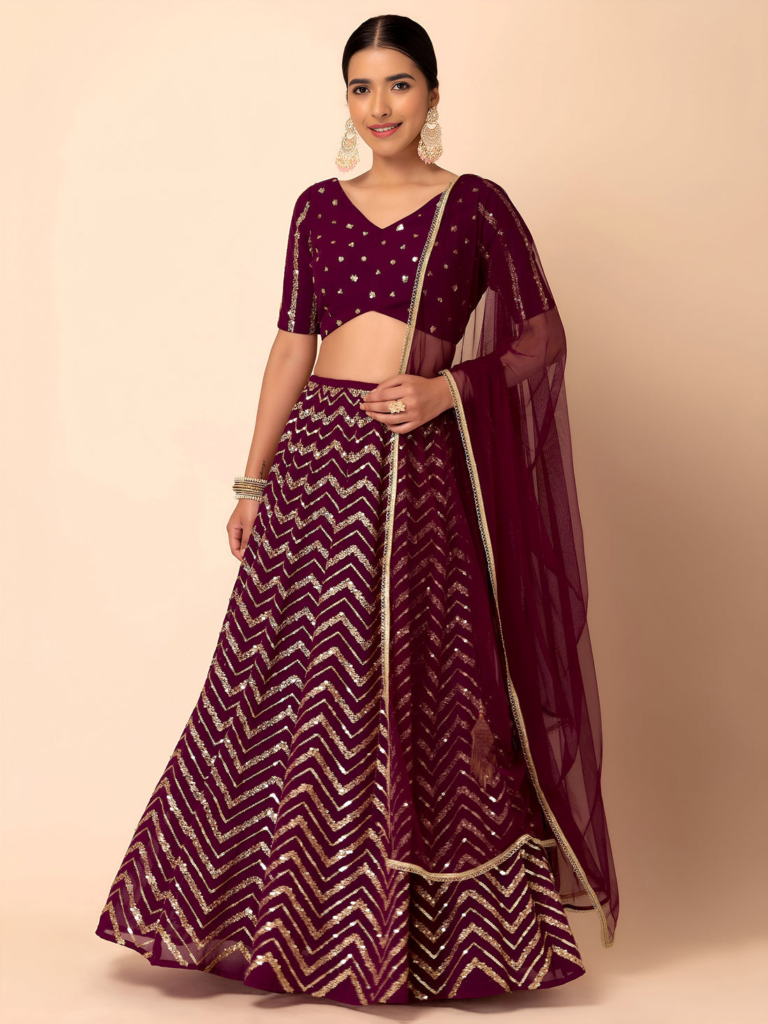 Delightful Maroon Zari Embroidered Georgette Wedding Lehenga Choli