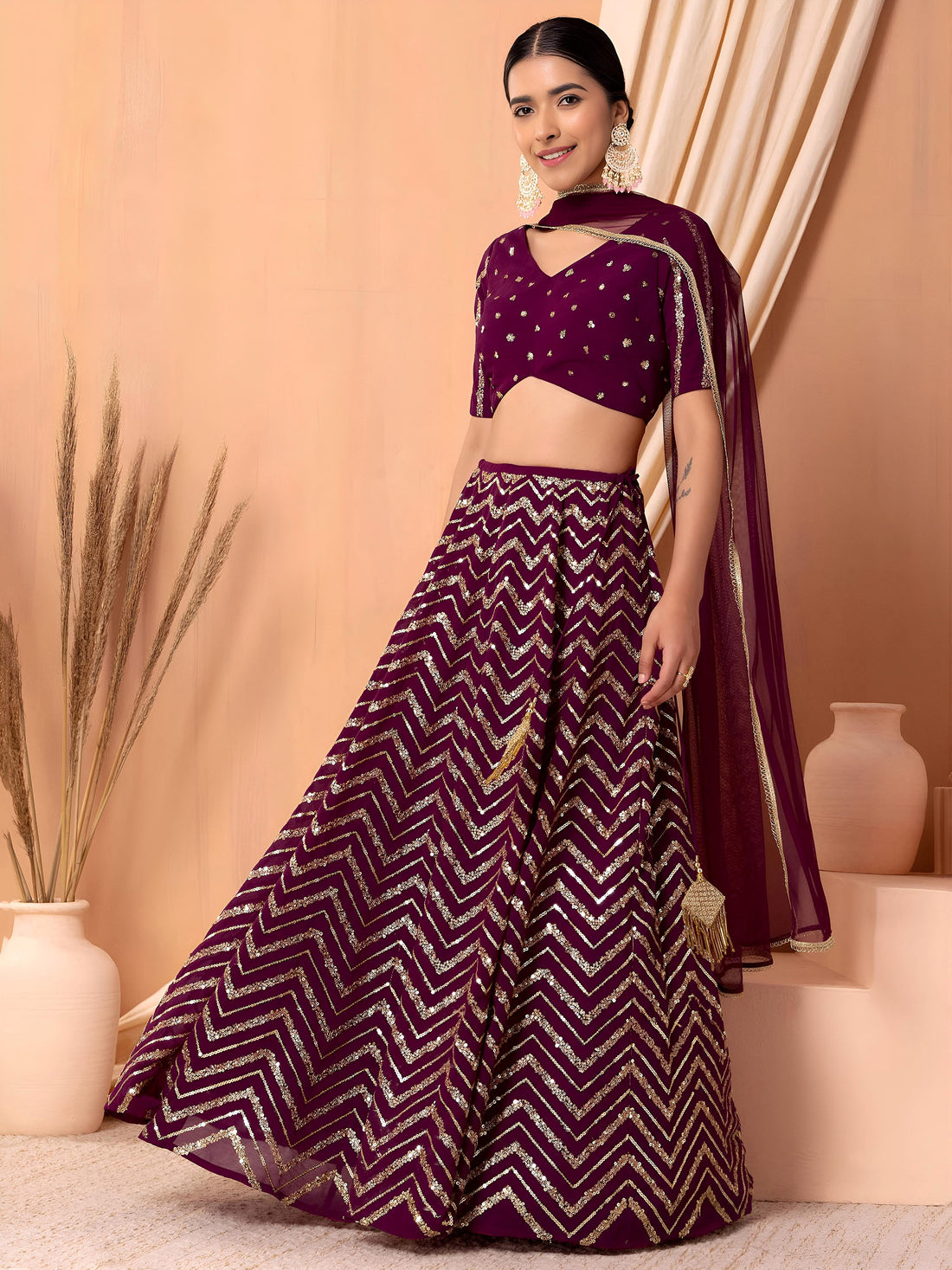 Delightful Maroon Zari Embroidered Georgette Wedding Lehenga Choli