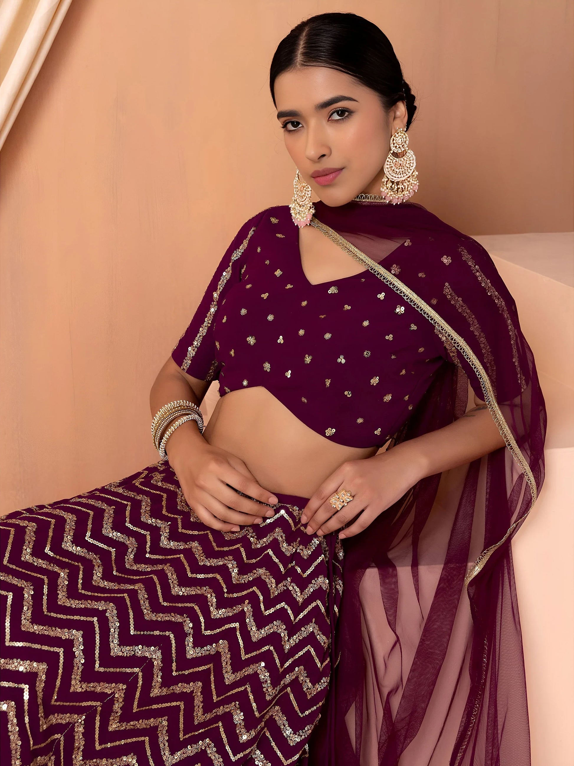Delightful Maroon Zari Embroidered Georgette Wedding Lehenga Choli