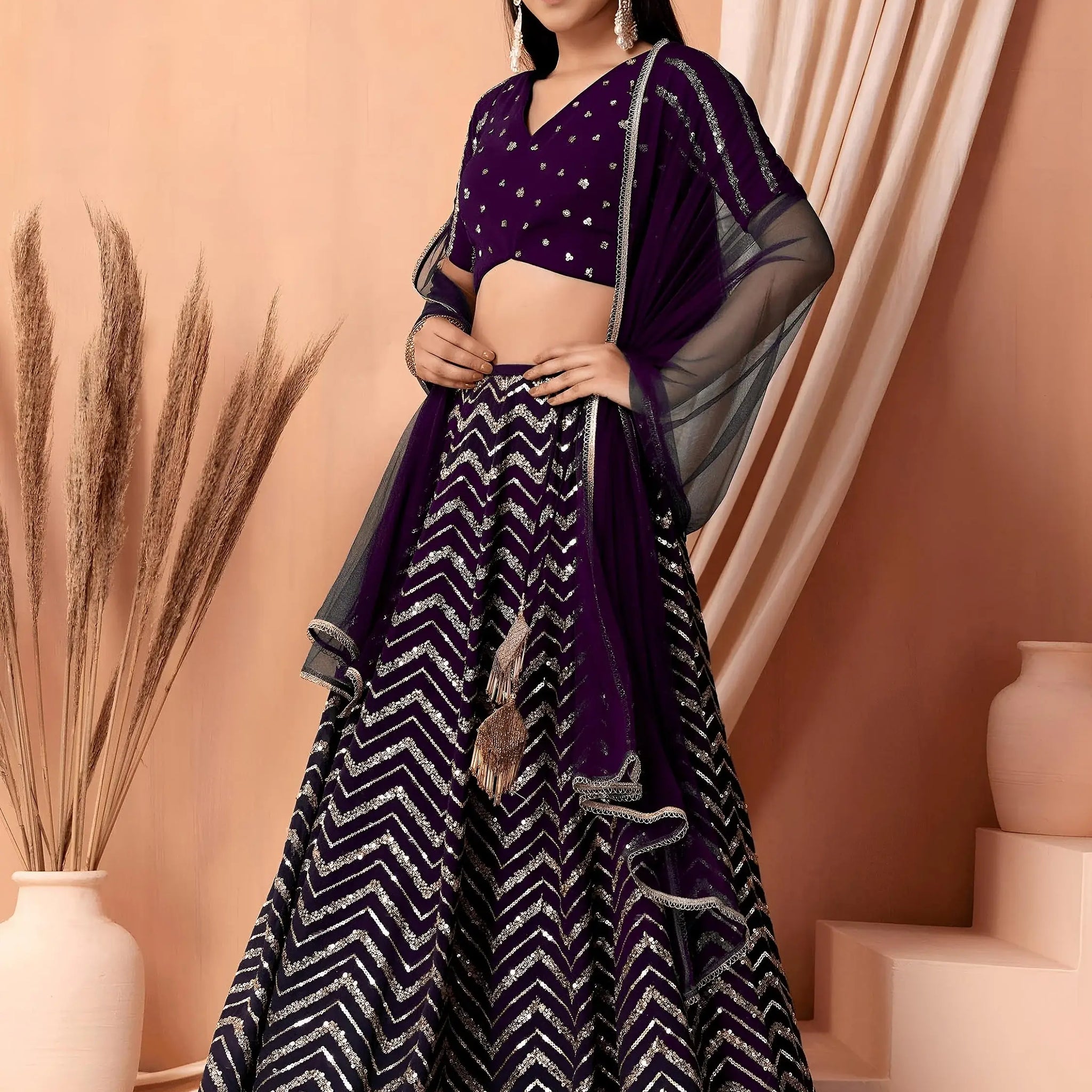 Beautiful Purple Zari Embroidered Georgette Party Wear Lehenga Choli