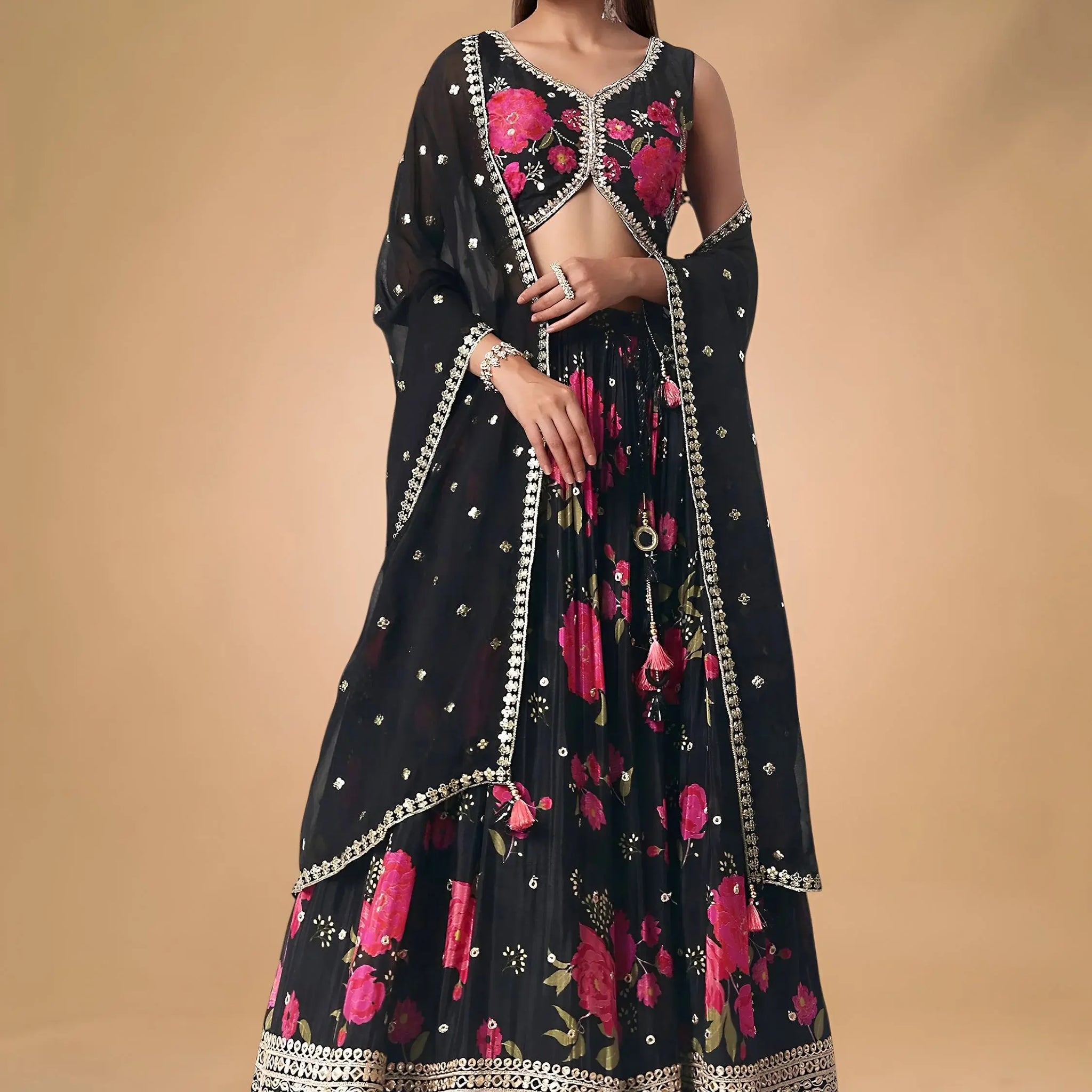 Refreshing Black Floral Printed Chinon Party Wear Lehenga With Blouse
