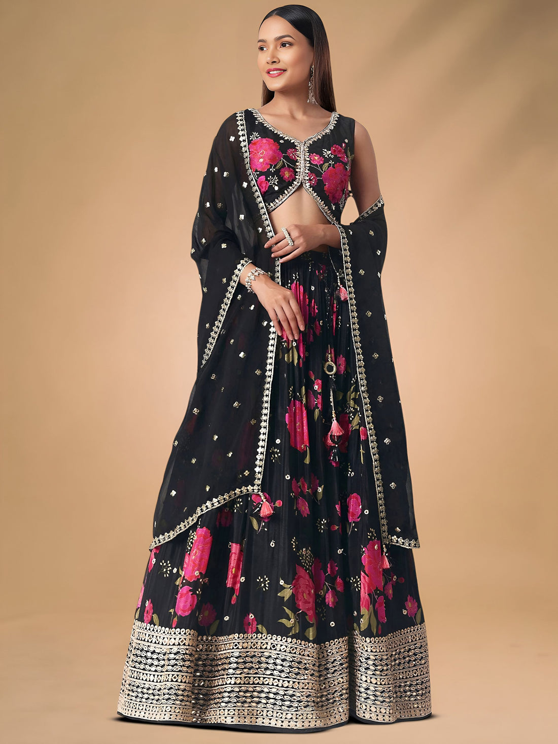 Refreshing Black Floral Printed Chinon Party Wear Lehenga With Blouse