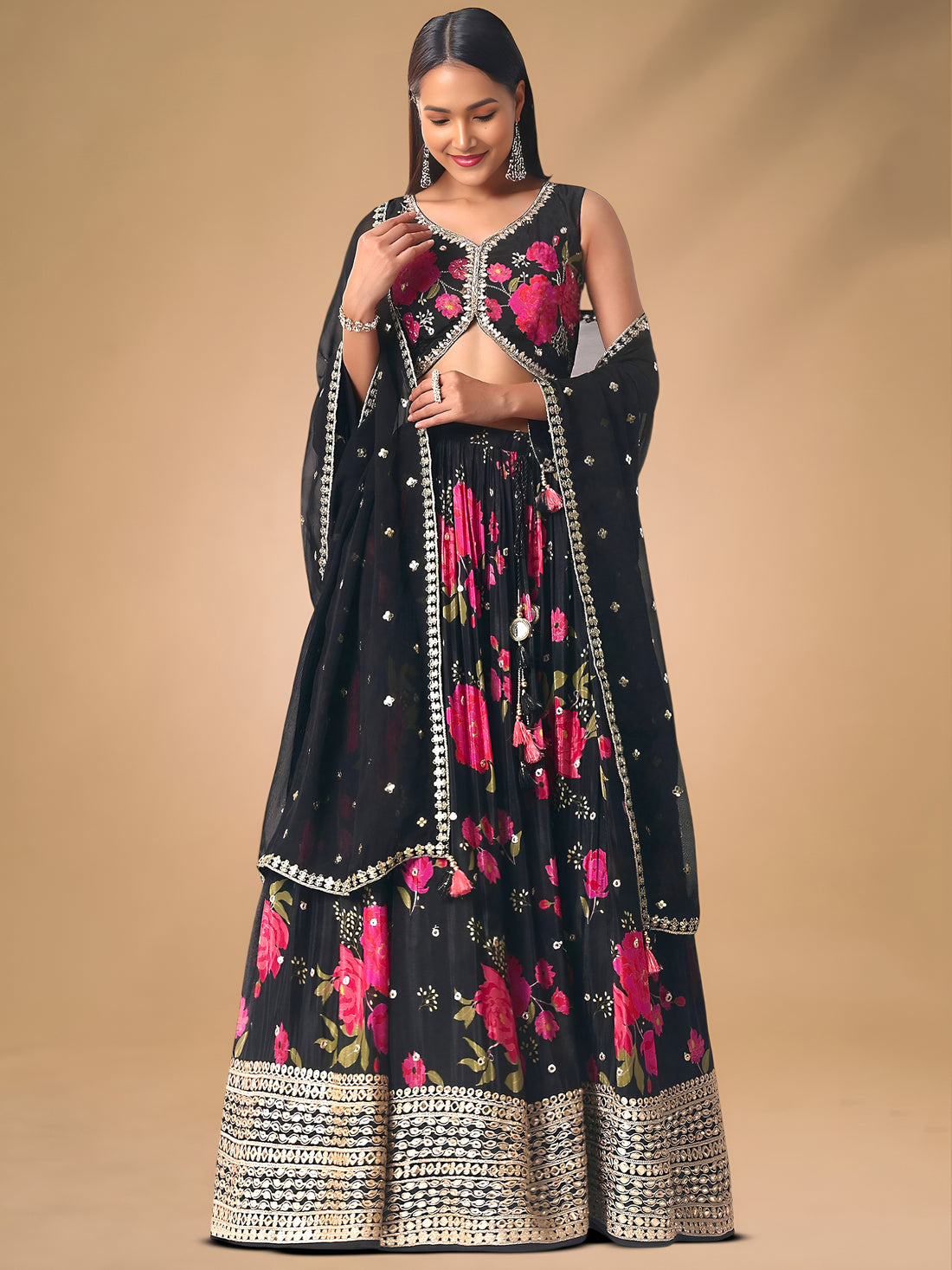 Refreshing Black Floral Printed Chinon Party Wear Lehenga With Blouse