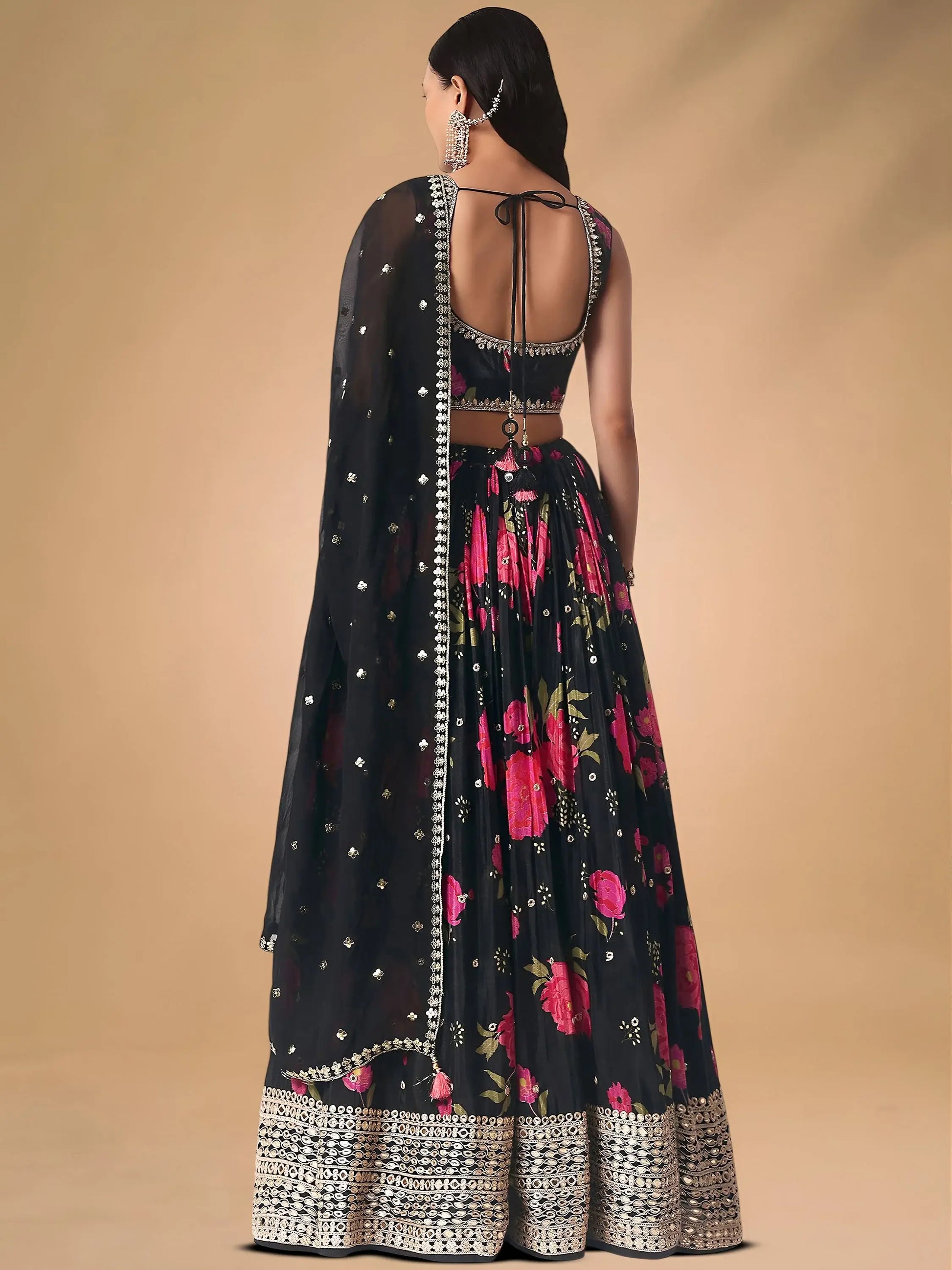 Refreshing Black Floral Printed Chinon Party Wear Lehenga With Blouse