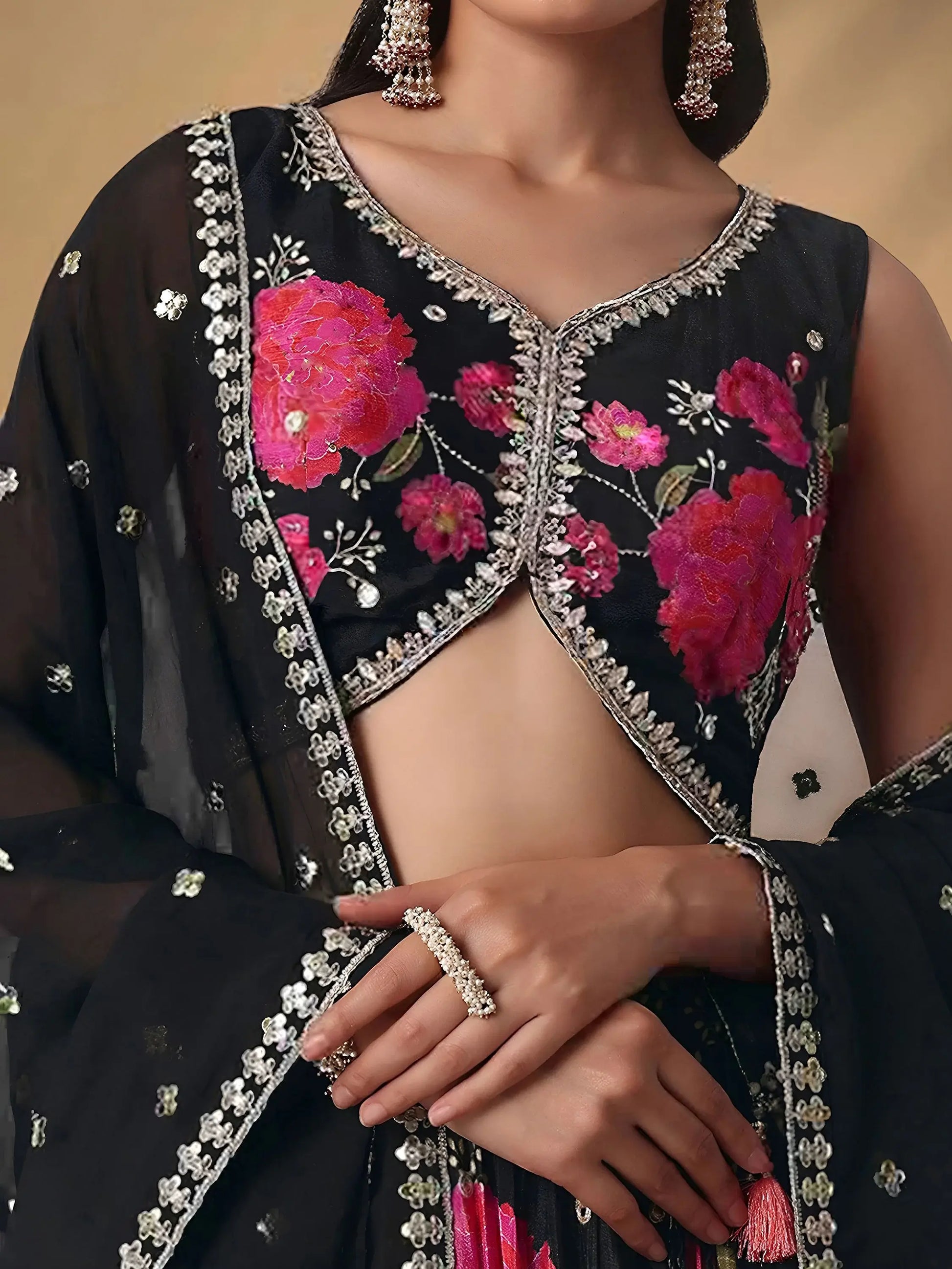 Refreshing Black Floral Printed Chinon Party Wear Lehenga With Blouse