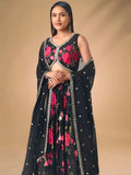 Refreshing Black Floral Printed Chinon Party Wear Lehenga With Blouse