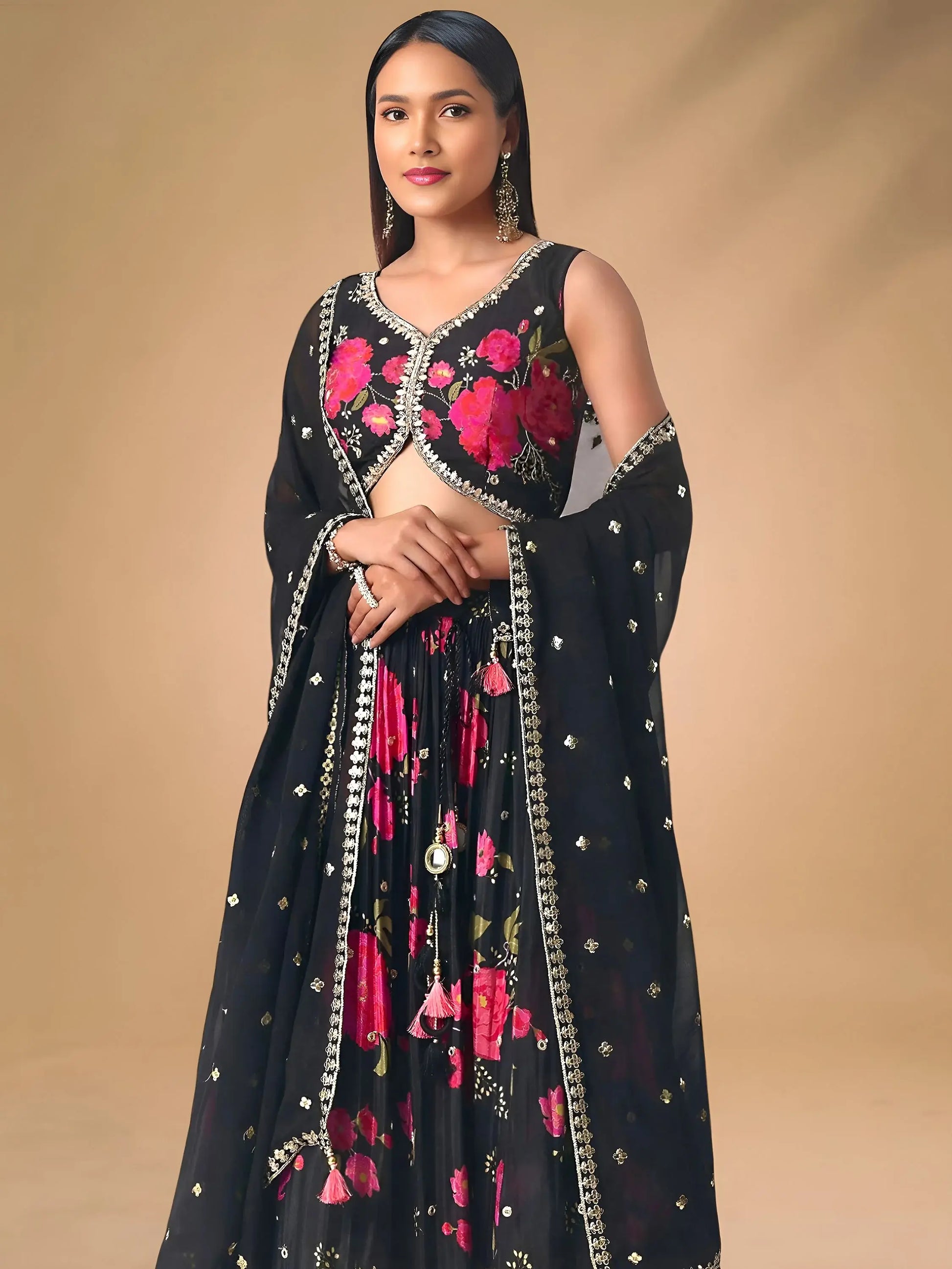 Refreshing Black Floral Printed Chinon Party Wear Lehenga With Blouse