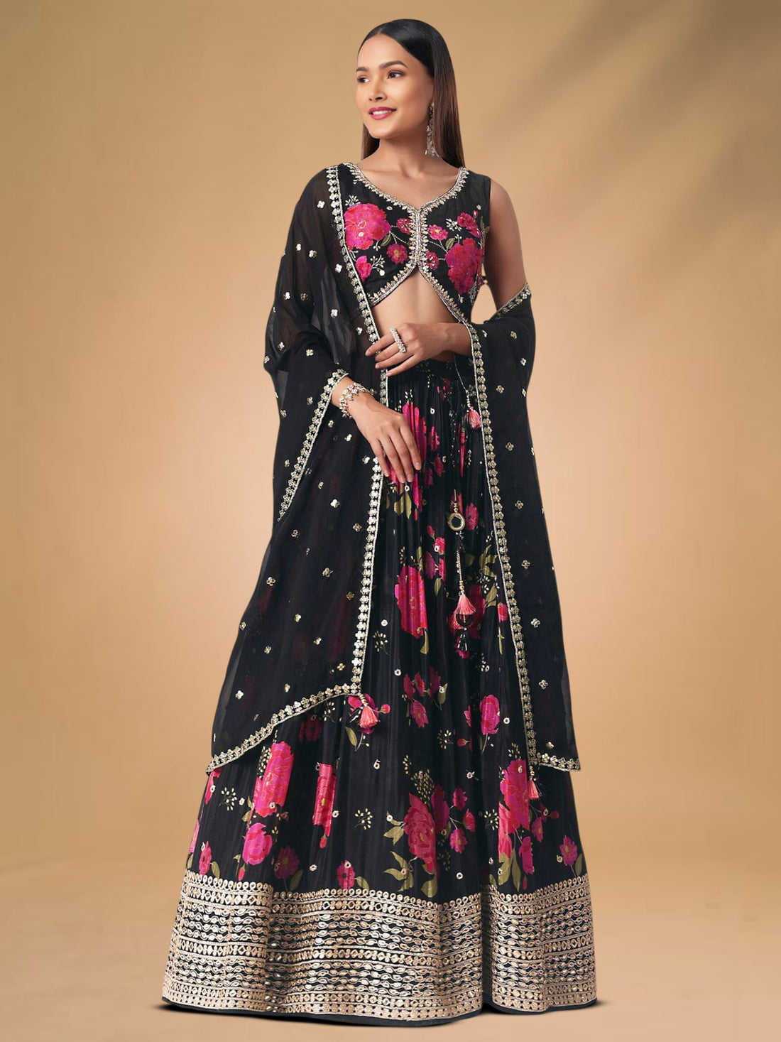 Refreshing Black Floral Printed Chinon Party Wear Lehenga With Blouse