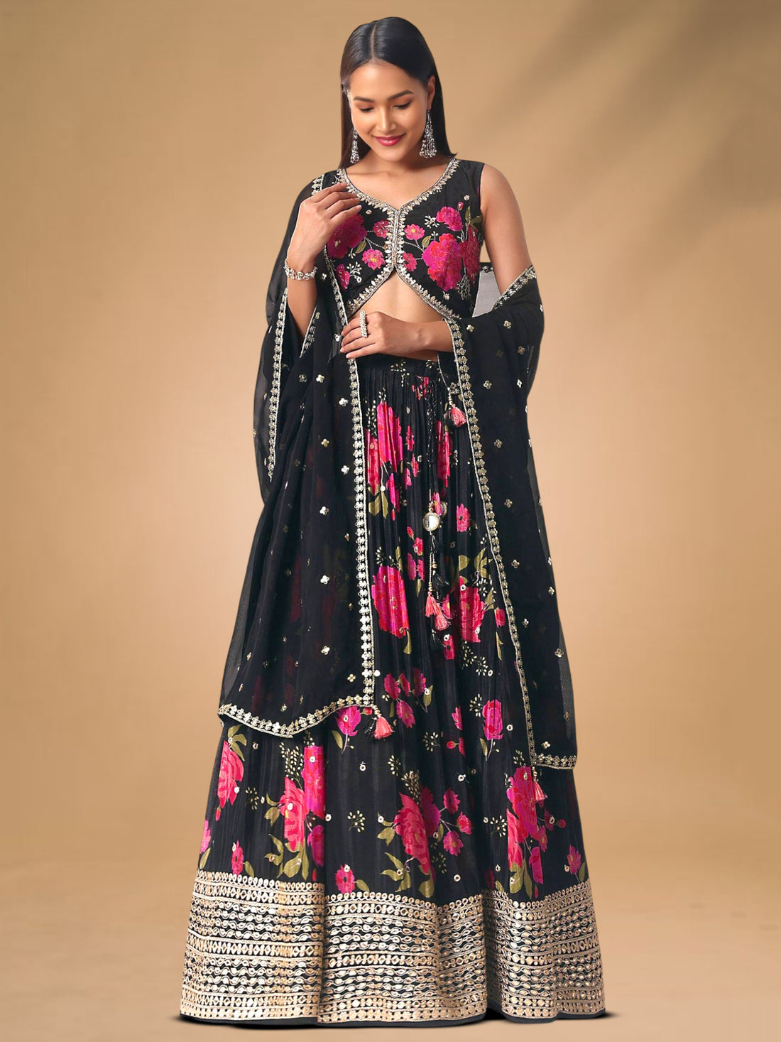 Refreshing Black Floral Printed Chinon Party Wear Lehenga With Blouse