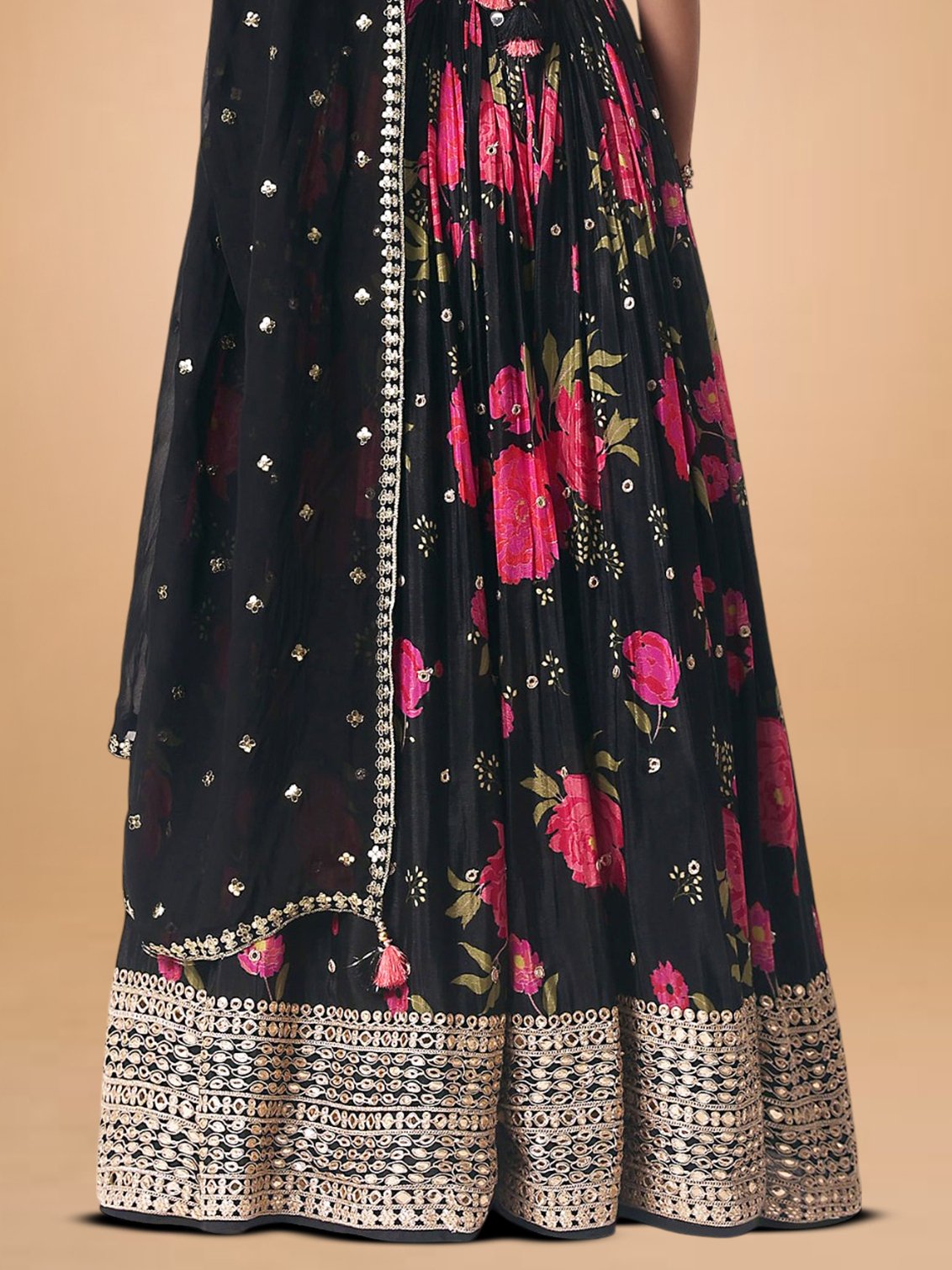 Refreshing Black Floral Printed Chinon Party Wear Lehenga With Blouse