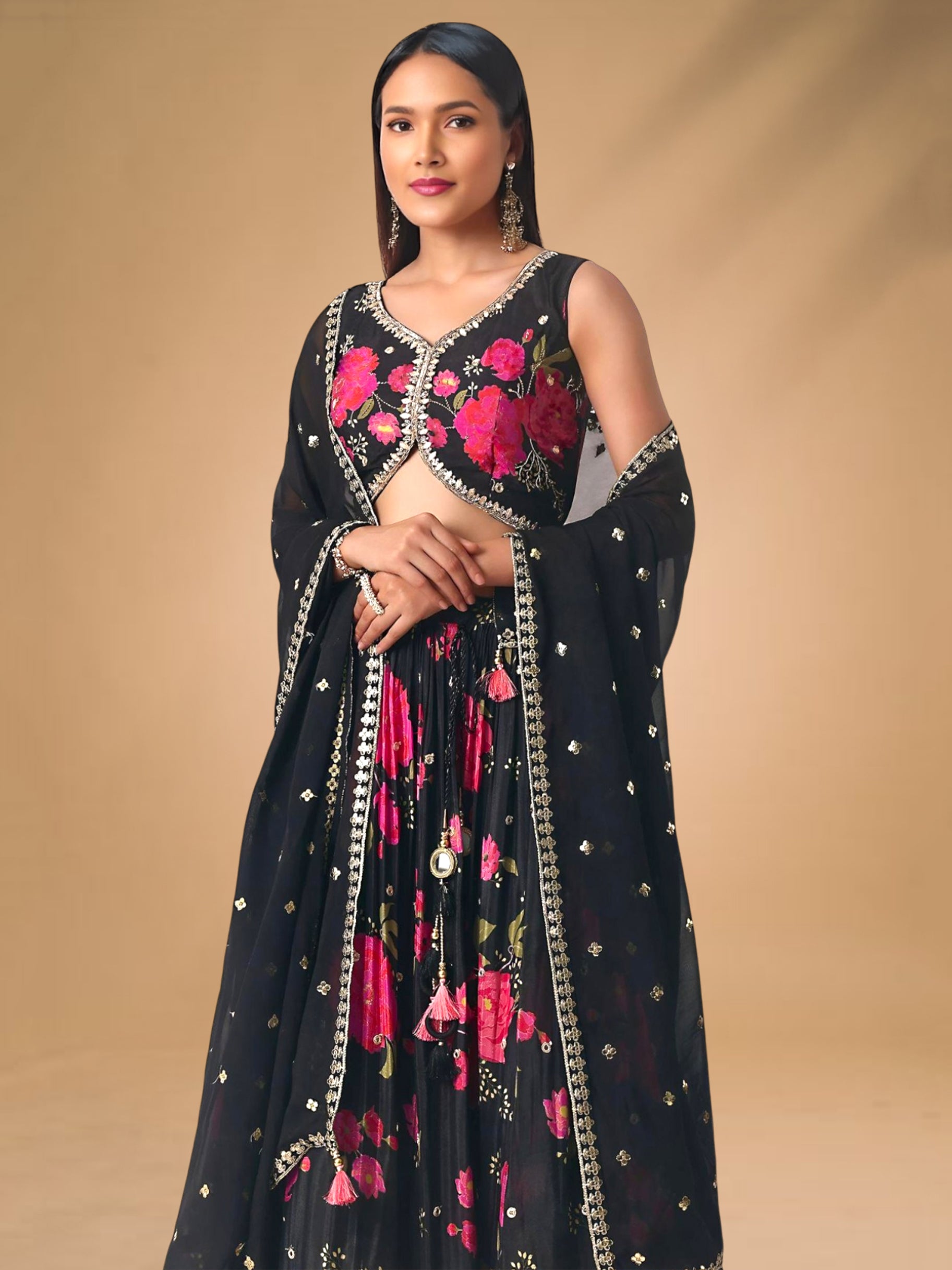 Refreshing Black Floral Printed Chinon Party Wear Lehenga With Blouse