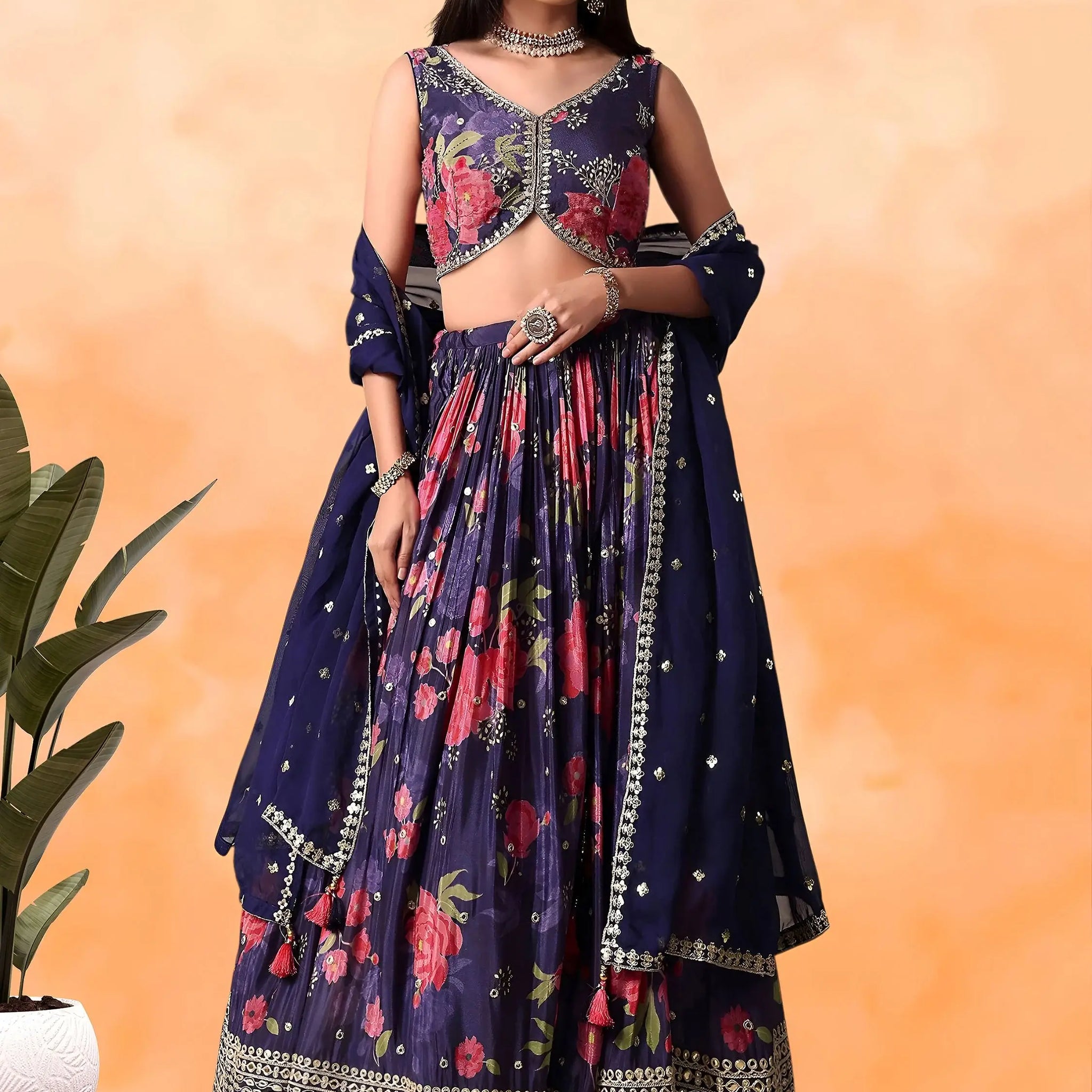 Magnetic Purple Floral Printed Chinon Wedding Wear Lehenga Choli