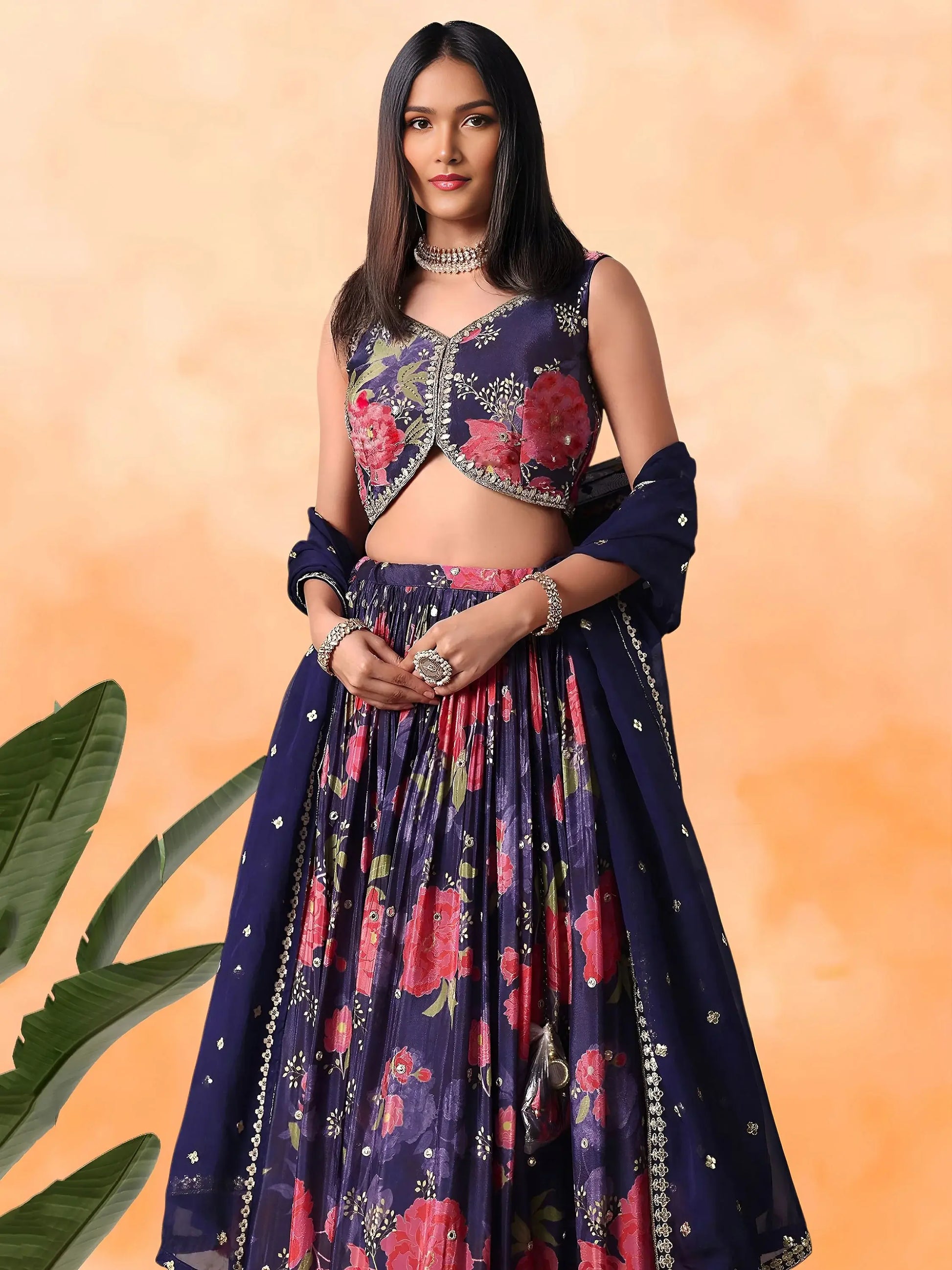 Magnetic Purple Floral Printed Chinon Wedding Wear Lehenga Choli