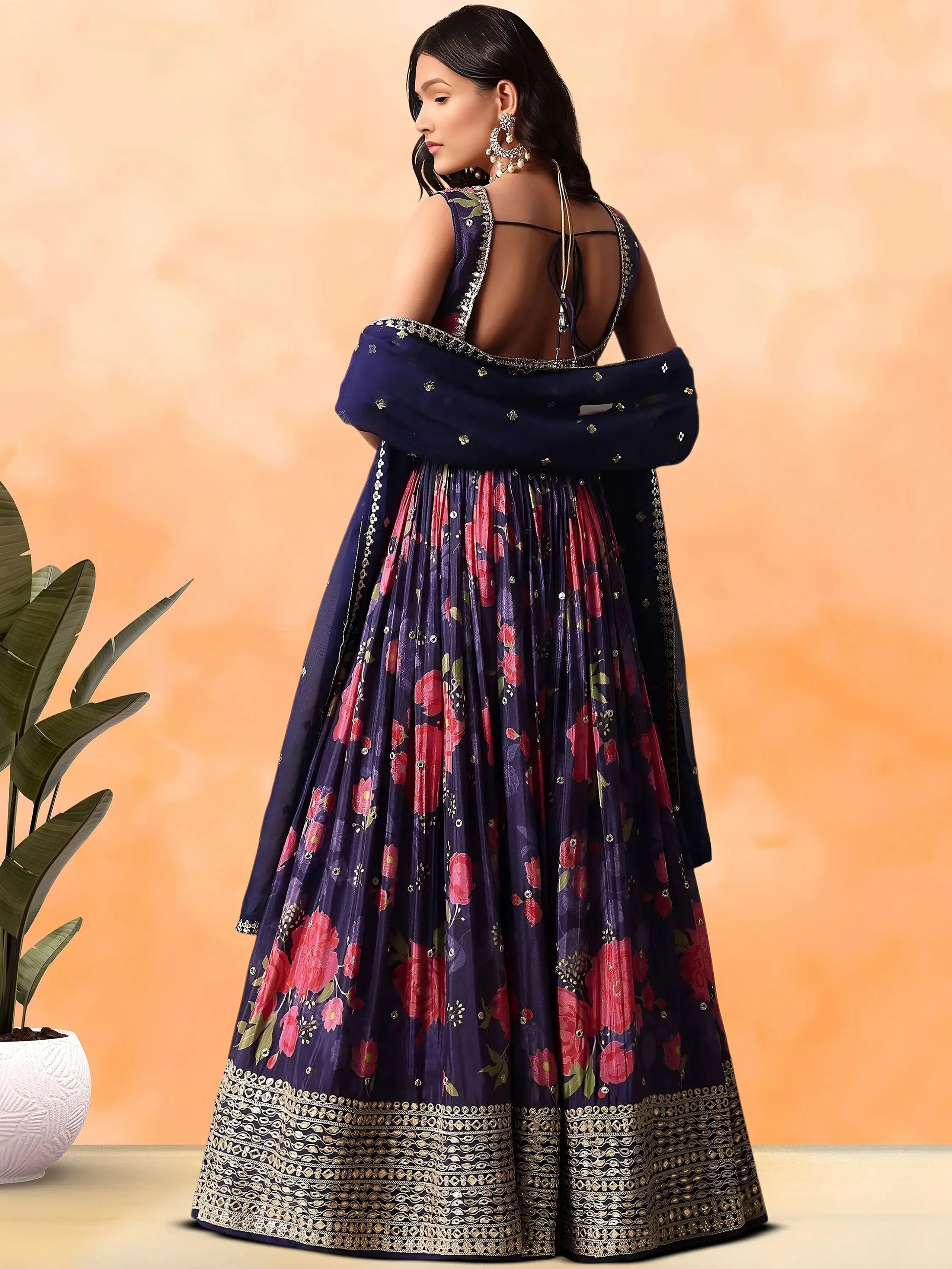 Magnetic Purple Floral Printed Chinon Wedding Wear Lehenga Choli