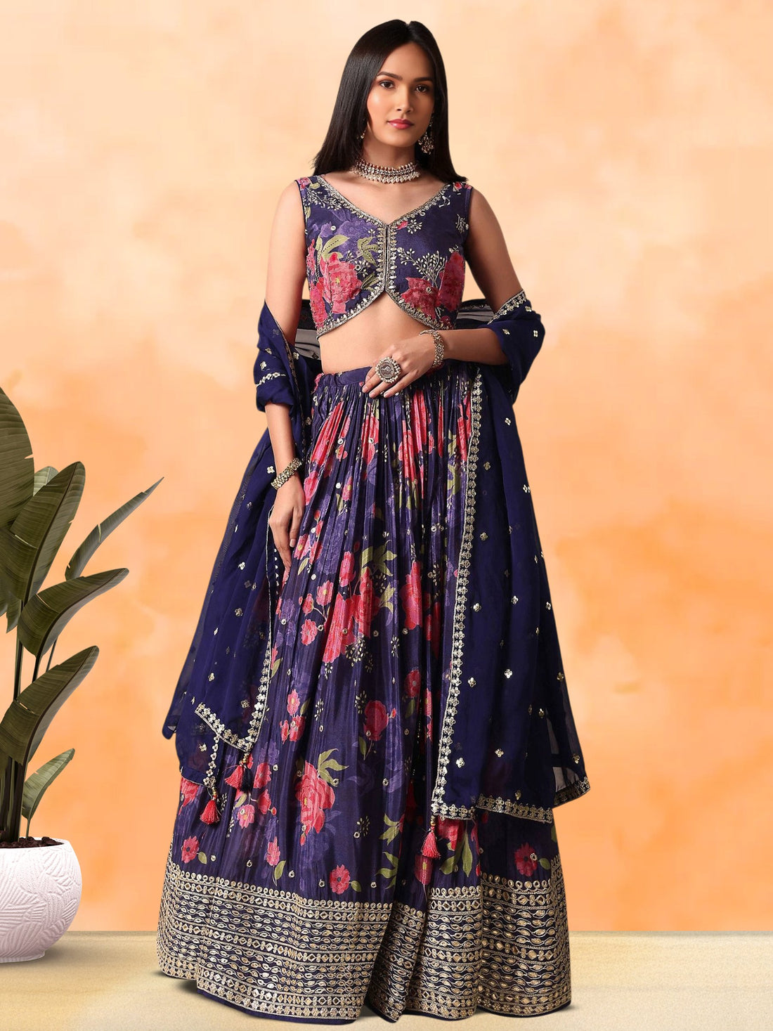 Magnetic Purple Floral Printed Chinon Wedding Wear Lehenga Choli