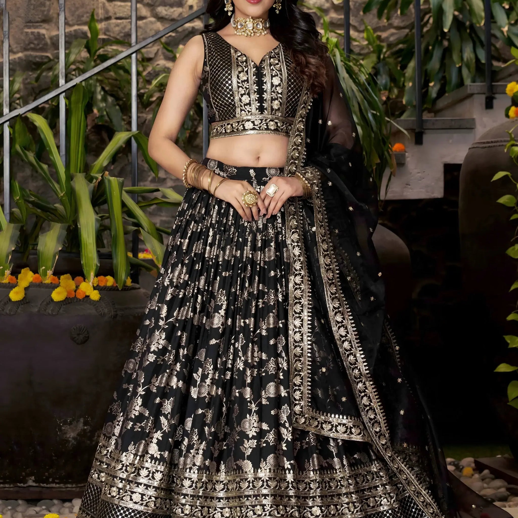 Attractive Black Zari Embroidery Jacquard Lehenga Choli With Dupatta
