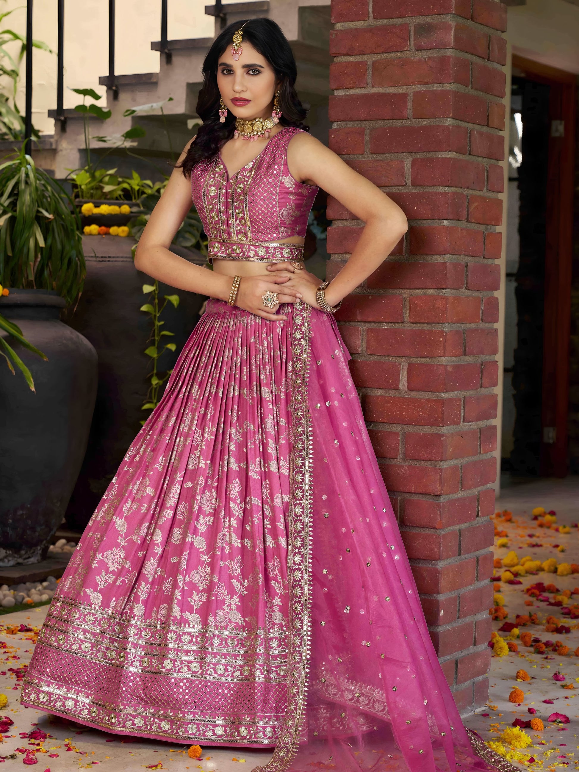 Glamorous Pink Party Wear Silk Zari Lehenga Choli With Dupatta
