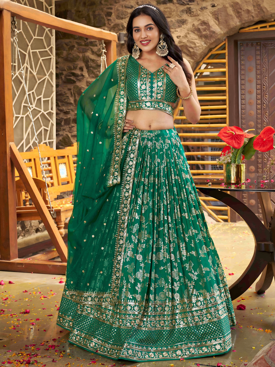 Attractive Rama Green Mehendi Wear Golden Zari Lehenga Choli