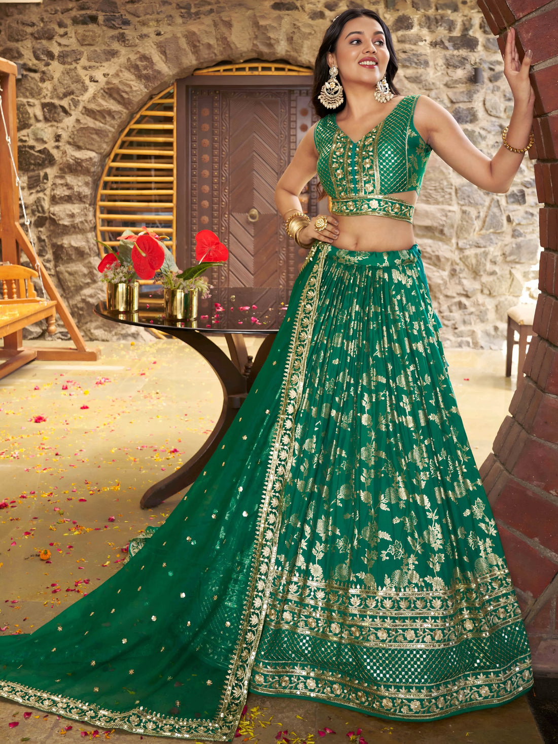 Attractive Rama Green Mehendi Wear Golden Zari Lehenga Choli