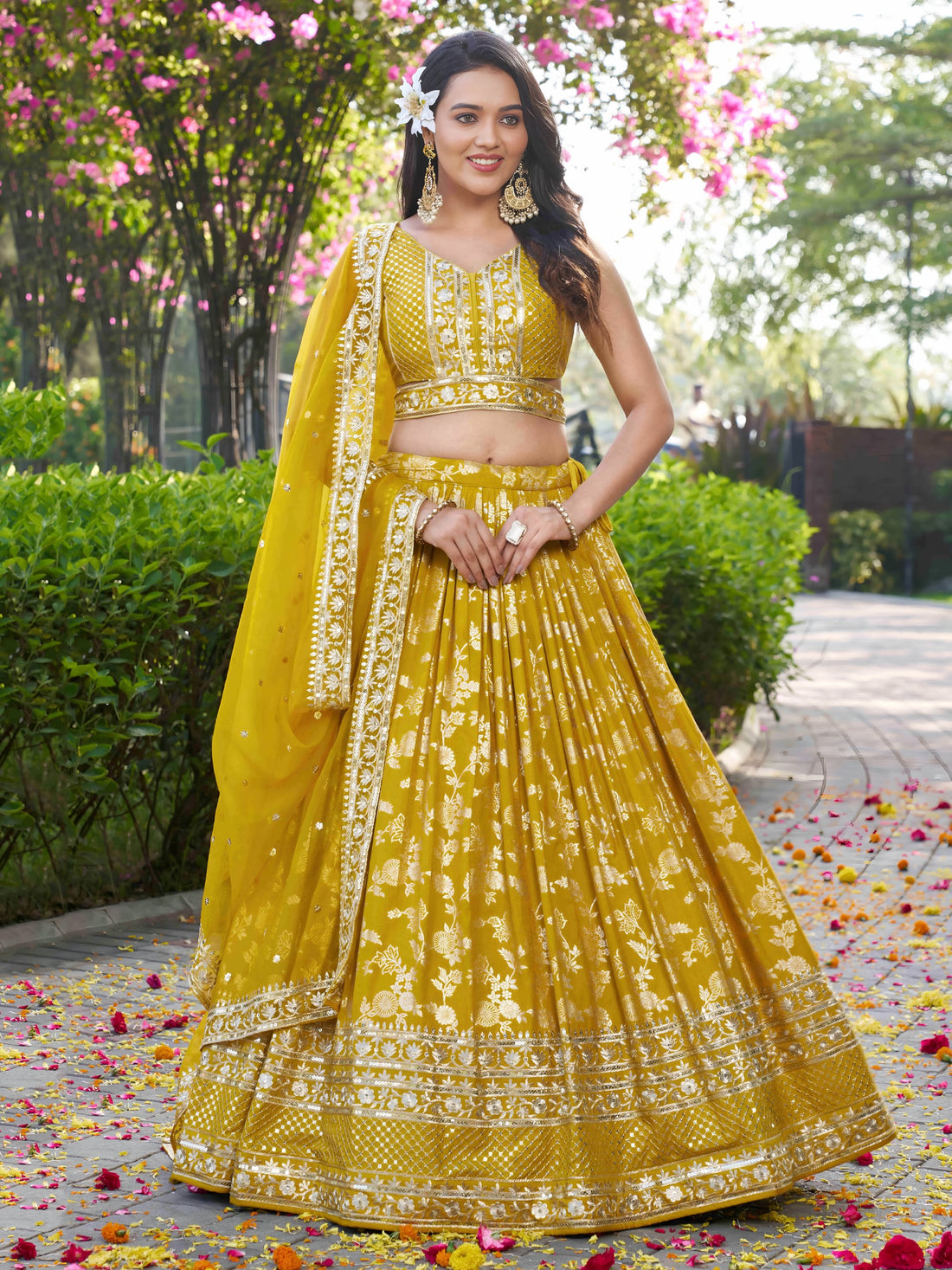 Fantastic Yellow Thread Embroidery Sangeet Wear Lehenga Choli