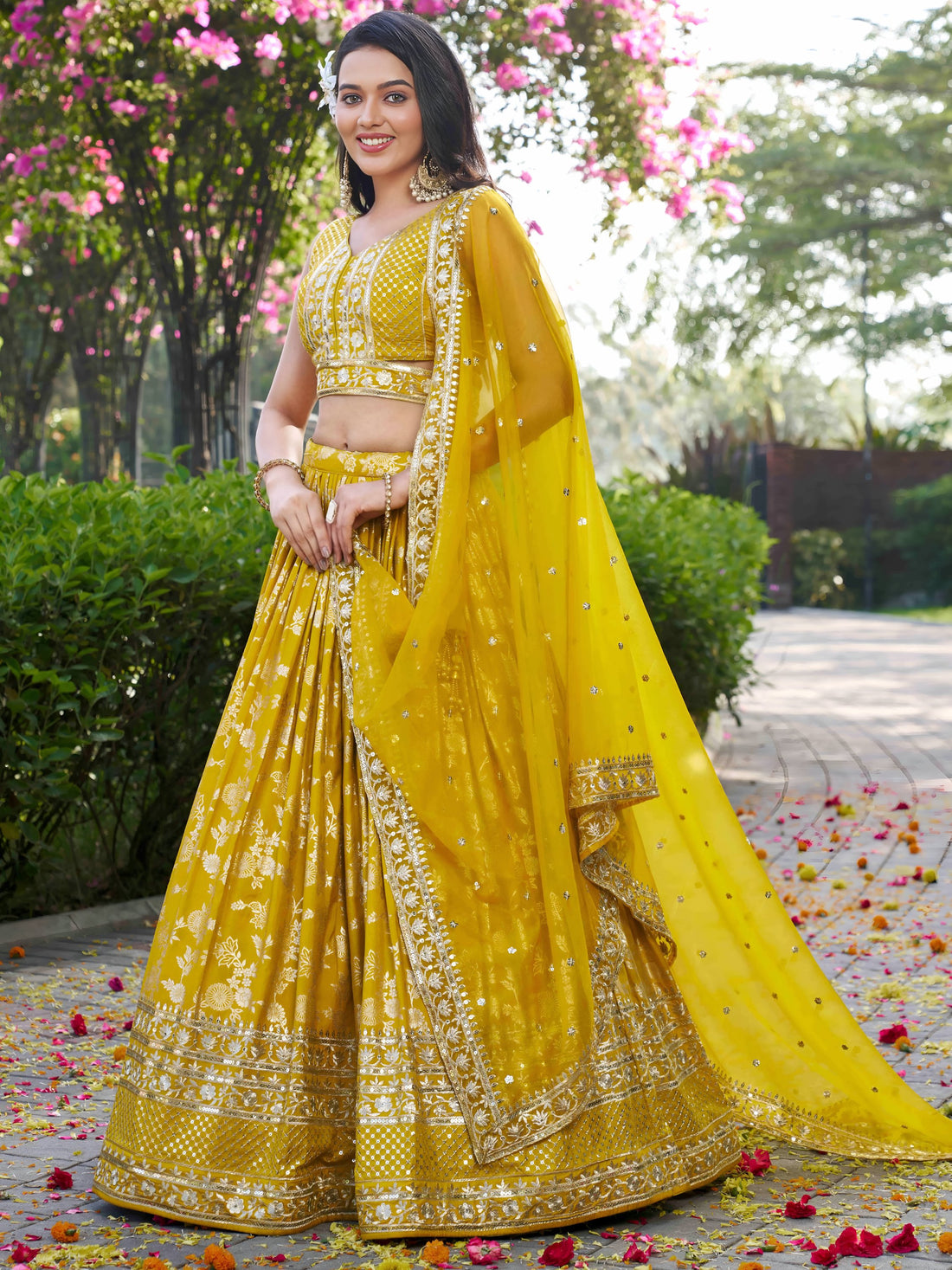 Fantastic Yellow Thread Embroidery Sangeet Wear Lehenga Choli