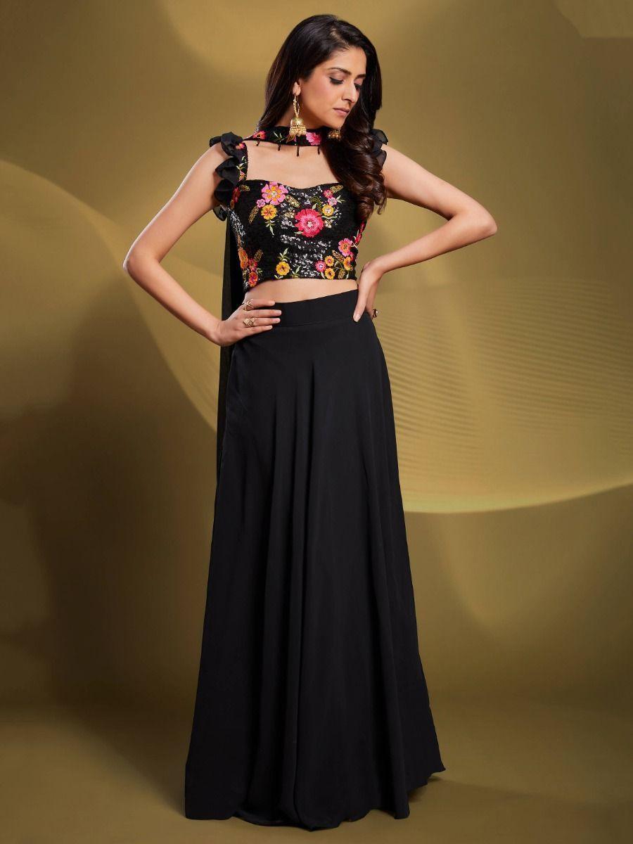 Charming Black Sequins Georgette Reception Wear Lehenga Choli