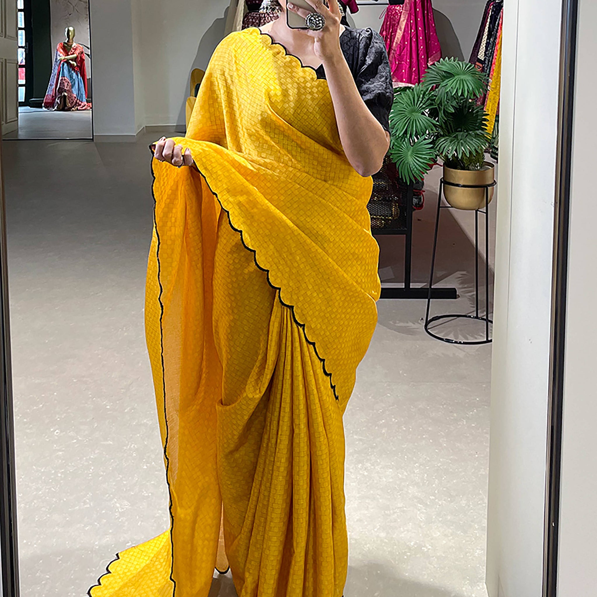 Incredible Yellow Arca Work Gadhawal Chex Traditional Saree