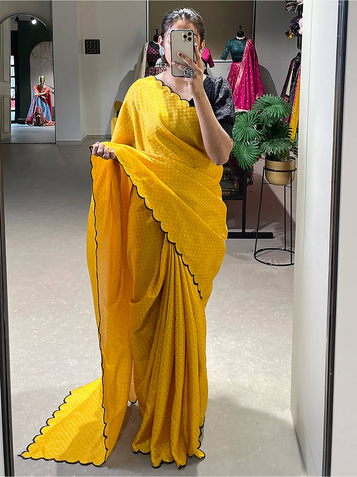 Incredible Yellow Arca Work Gadhawal Chex Traditional Saree