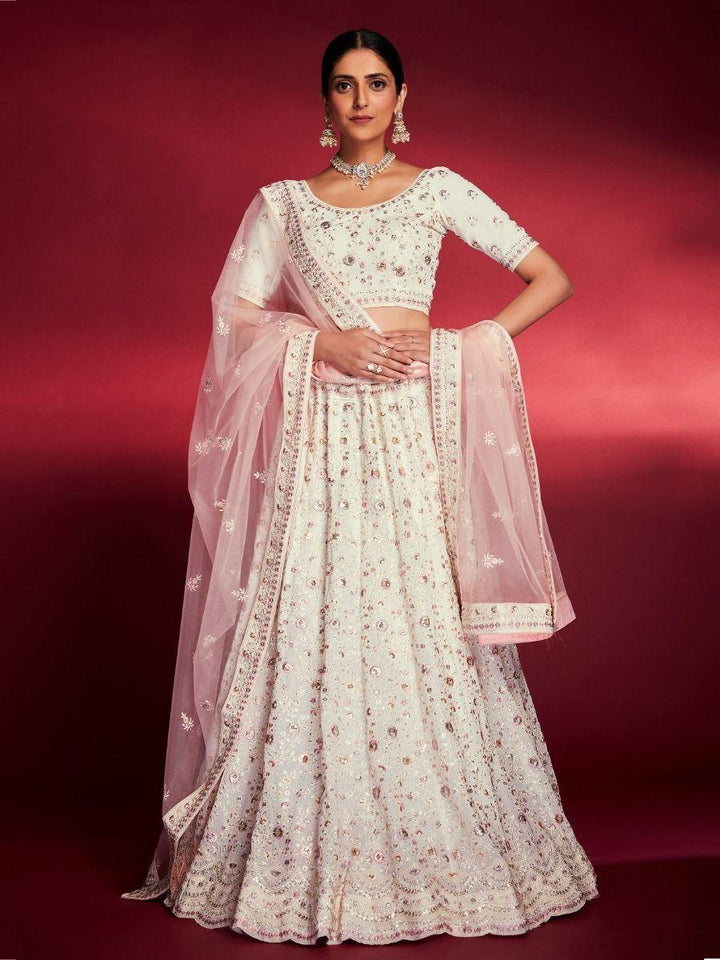 Alluring White Georgette Zari Work Reception Wear Lehenga Choli