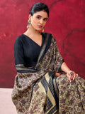 Awesome Black Printed Cotton Casual Wear Saree With Blouse