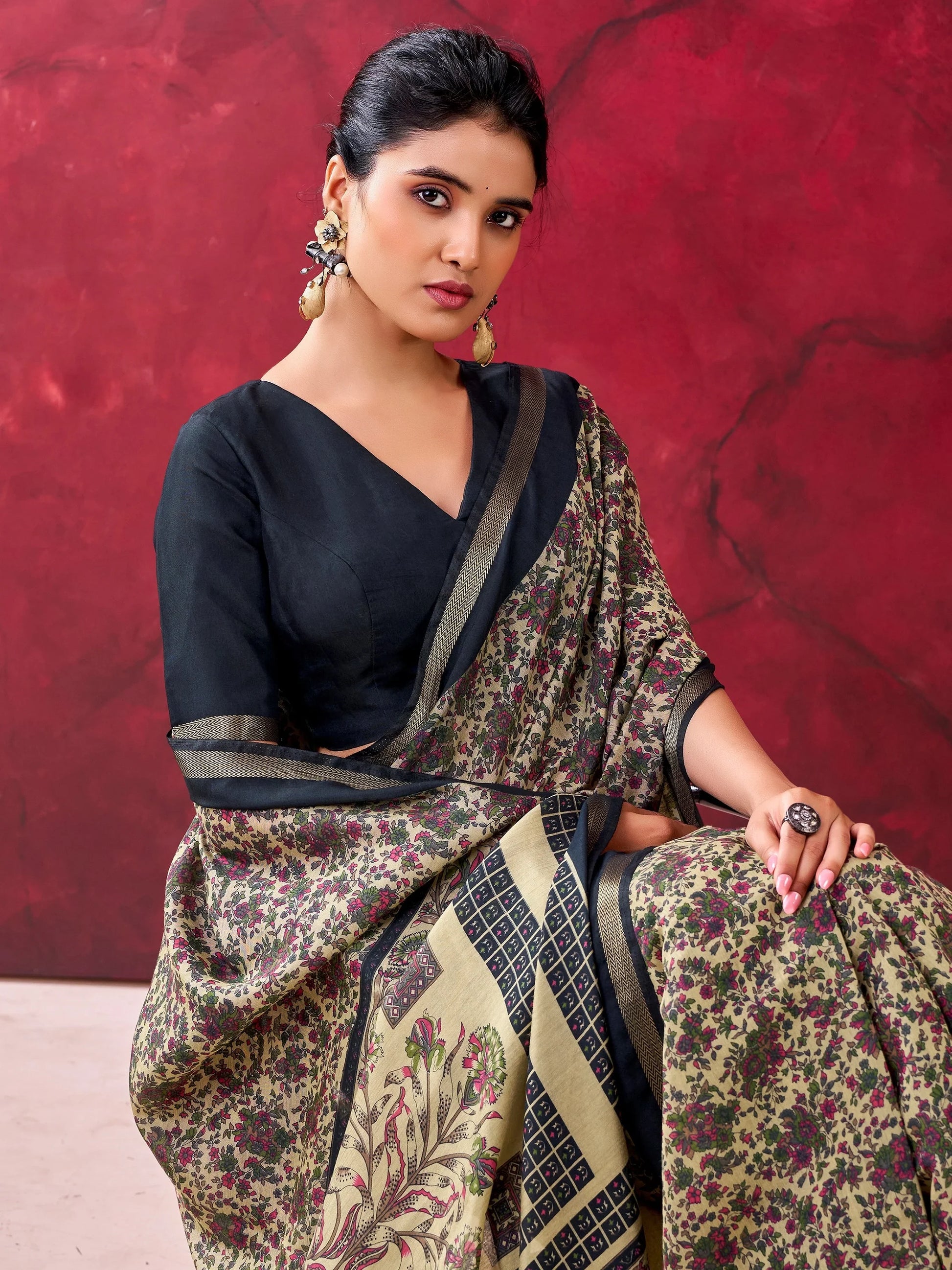 Awesome Black Printed Cotton Casual Wear Saree With Blouse