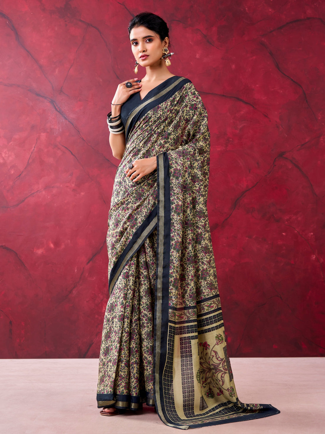 Awesome Black Printed Cotton Casual Wear Saree With Blouse
