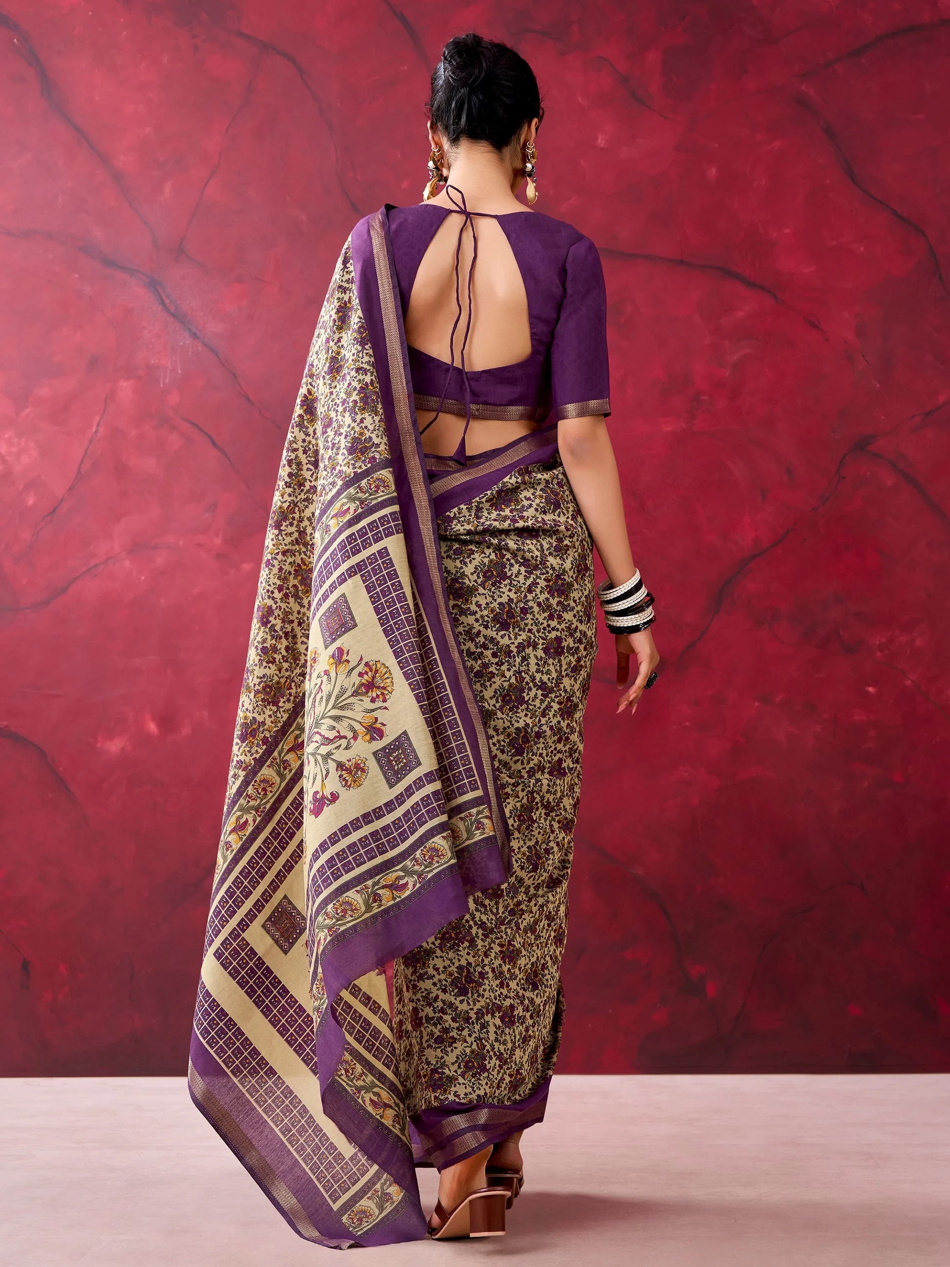 Beautiful Purple Floral Printed Cotton Office Wear Saree With Blouse