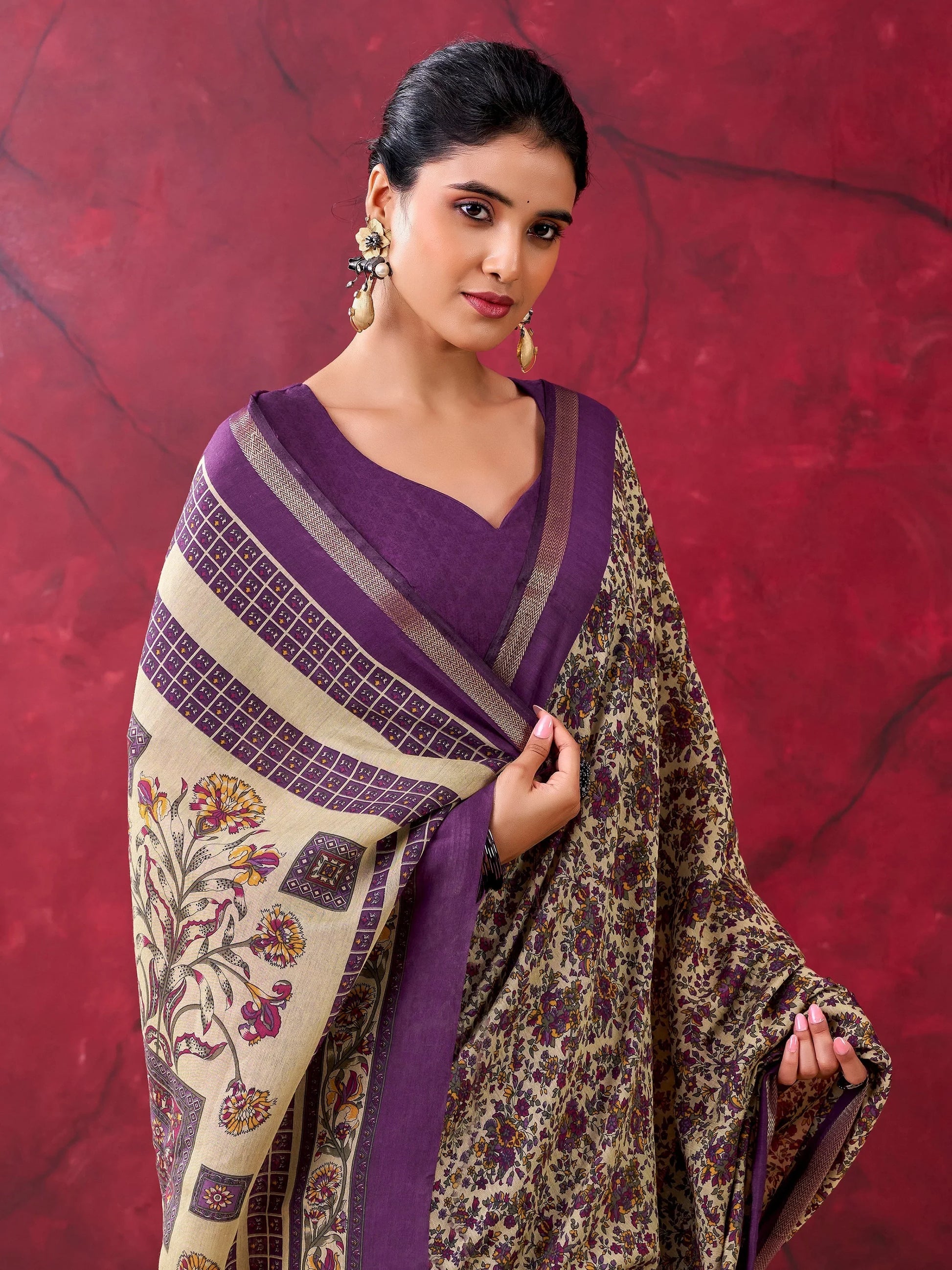 Beautiful Purple Floral Printed Cotton Office Wear Saree With Blouse