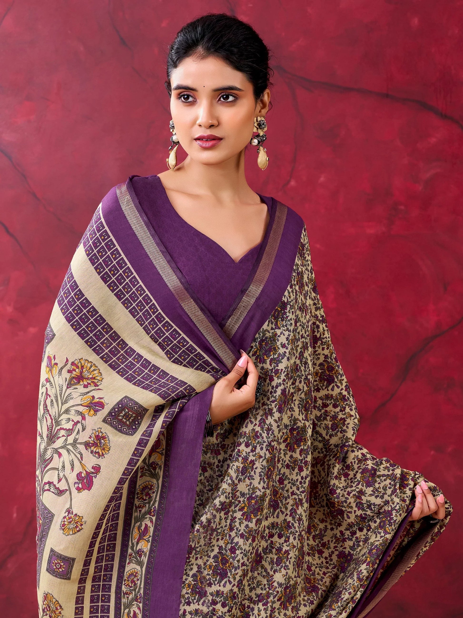 Beautiful Purple Floral Printed Cotton Office Wear Saree With Blouse