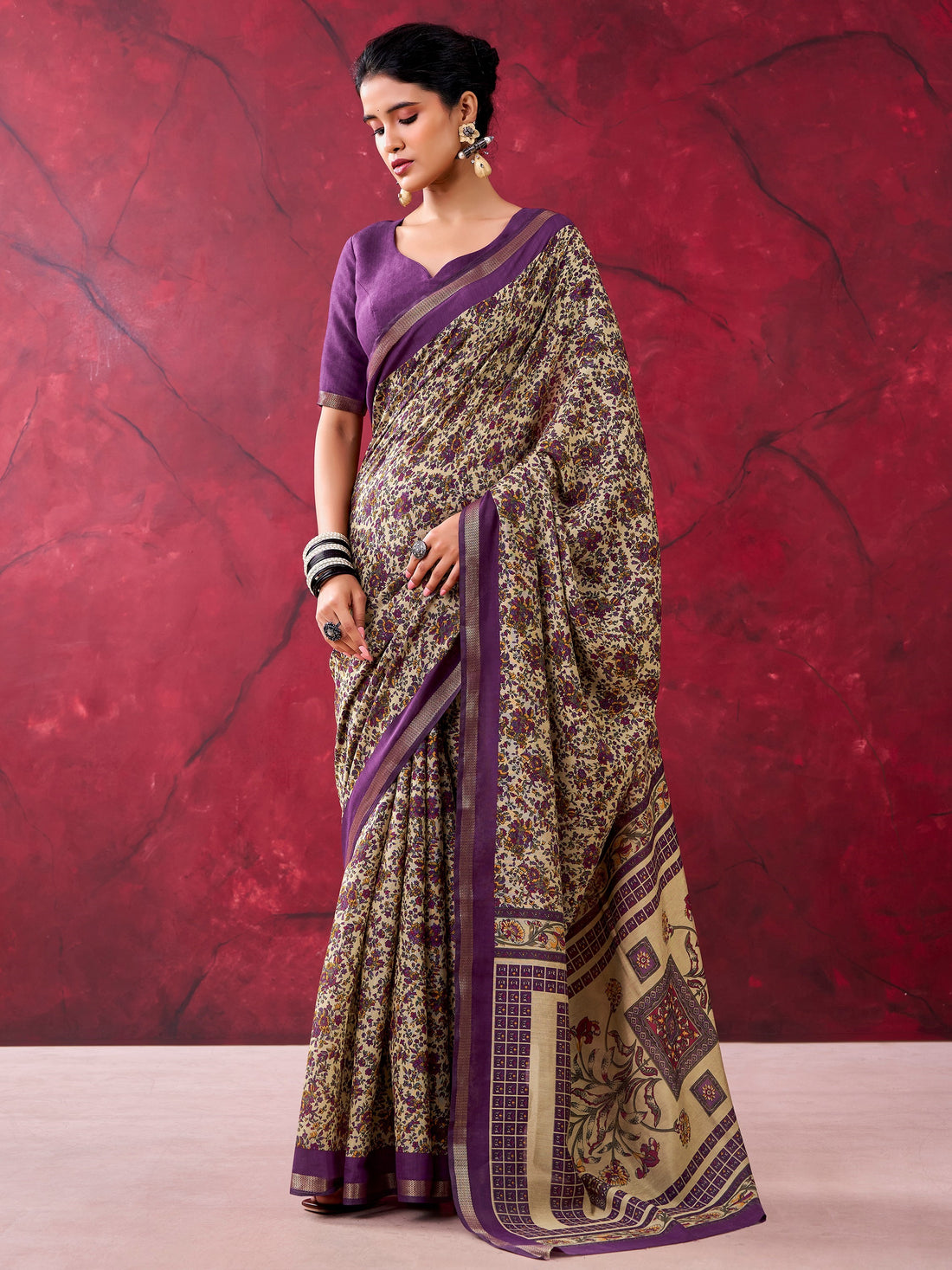 Beautiful Purple Floral Printed Cotton Office Wear Saree With Blouse