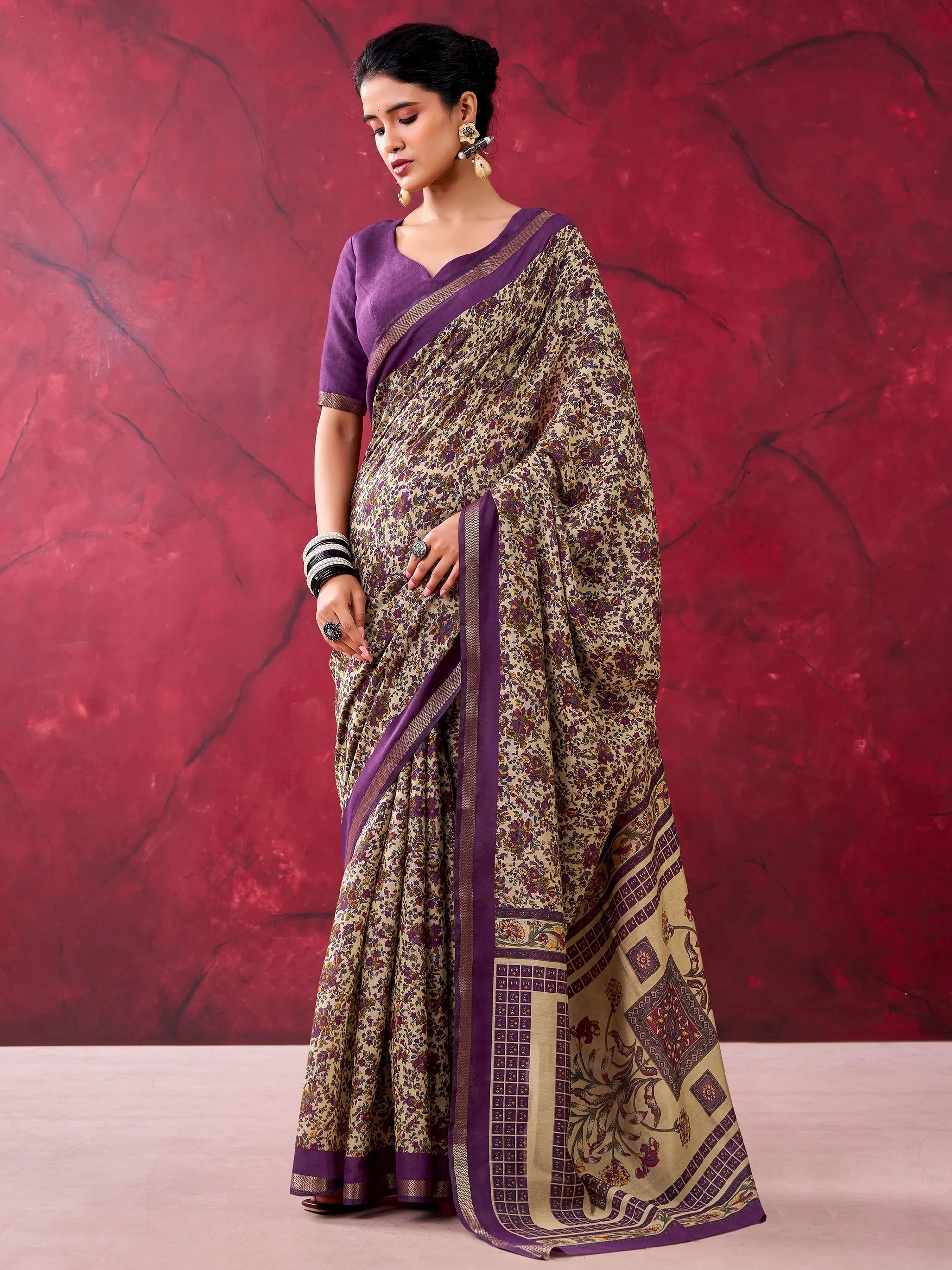 Beautiful Purple Floral Printed Cotton Office Wear Saree With Blouse
