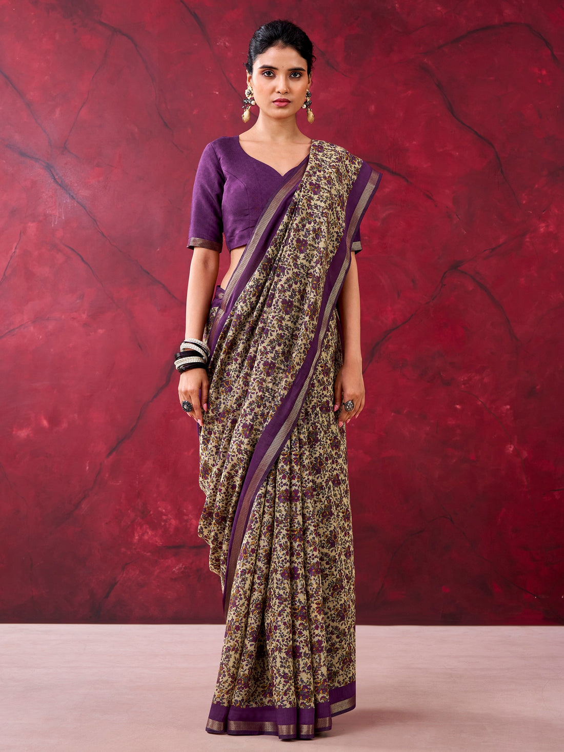 Beautiful Purple Floral Printed Cotton Office Wear Saree With Blouse