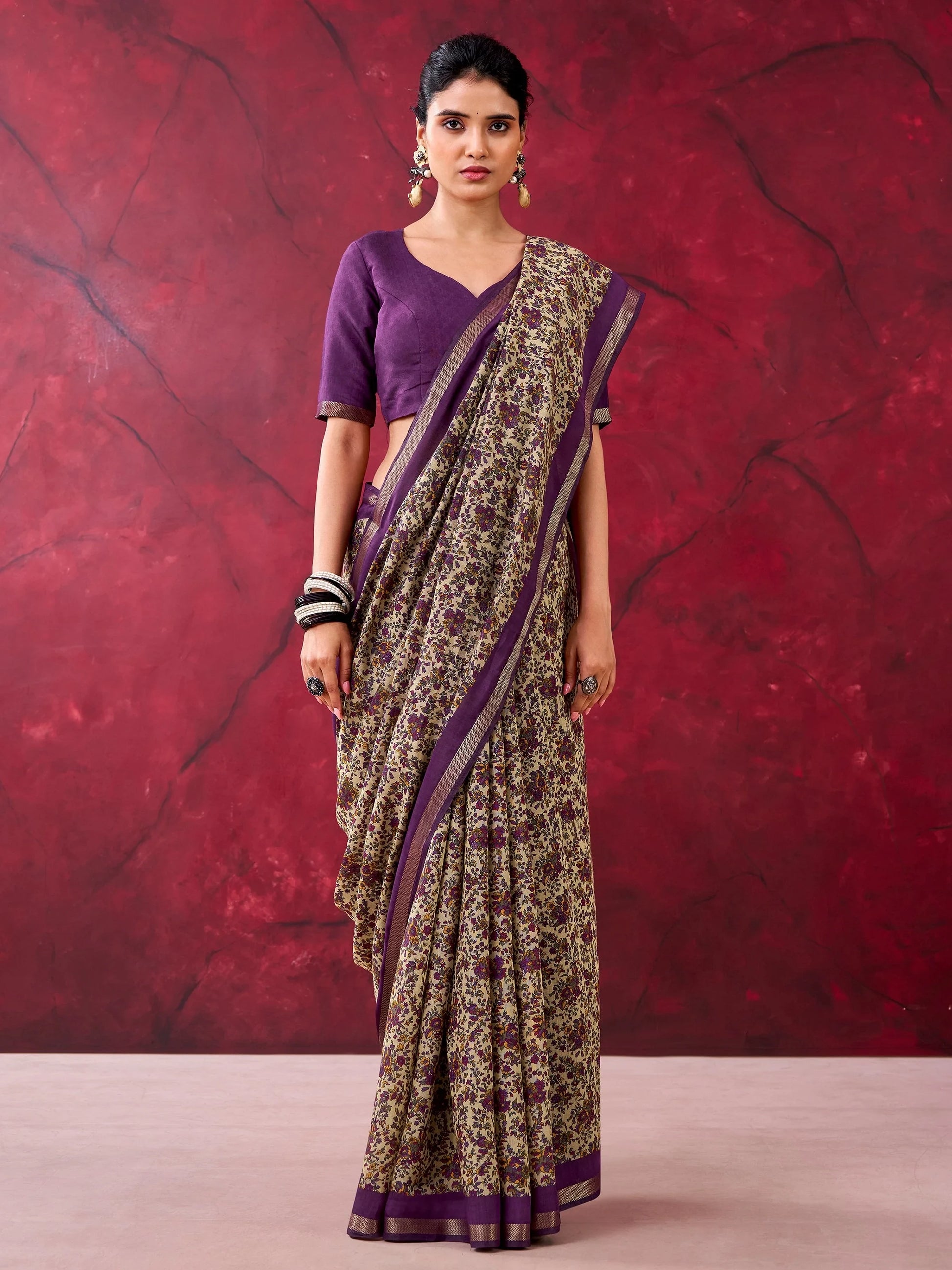 Beautiful Purple Floral Printed Cotton Office Wear Saree With Blouse