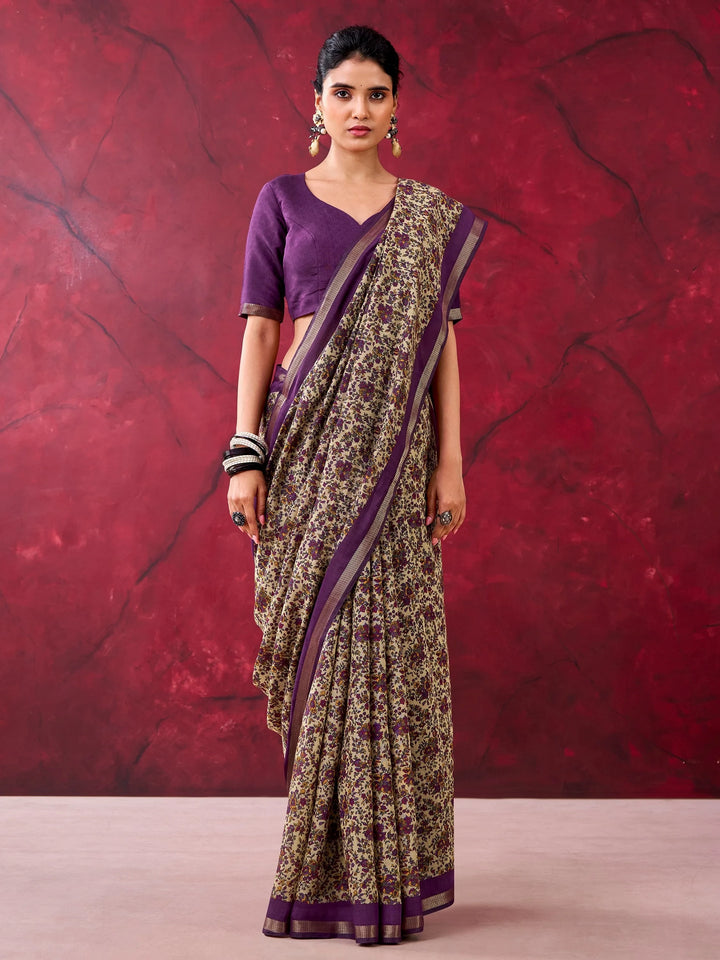 Beautiful Purple Floral Printed Cotton Office Wear Saree With Blouse
