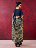 Attractive Navy-Blue Printed Cotton Festival Wear Saree With Blouse
