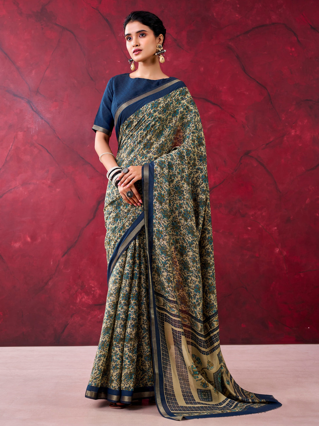Attractive Navy-Blue Printed Cotton Festival Wear Saree With Blouse