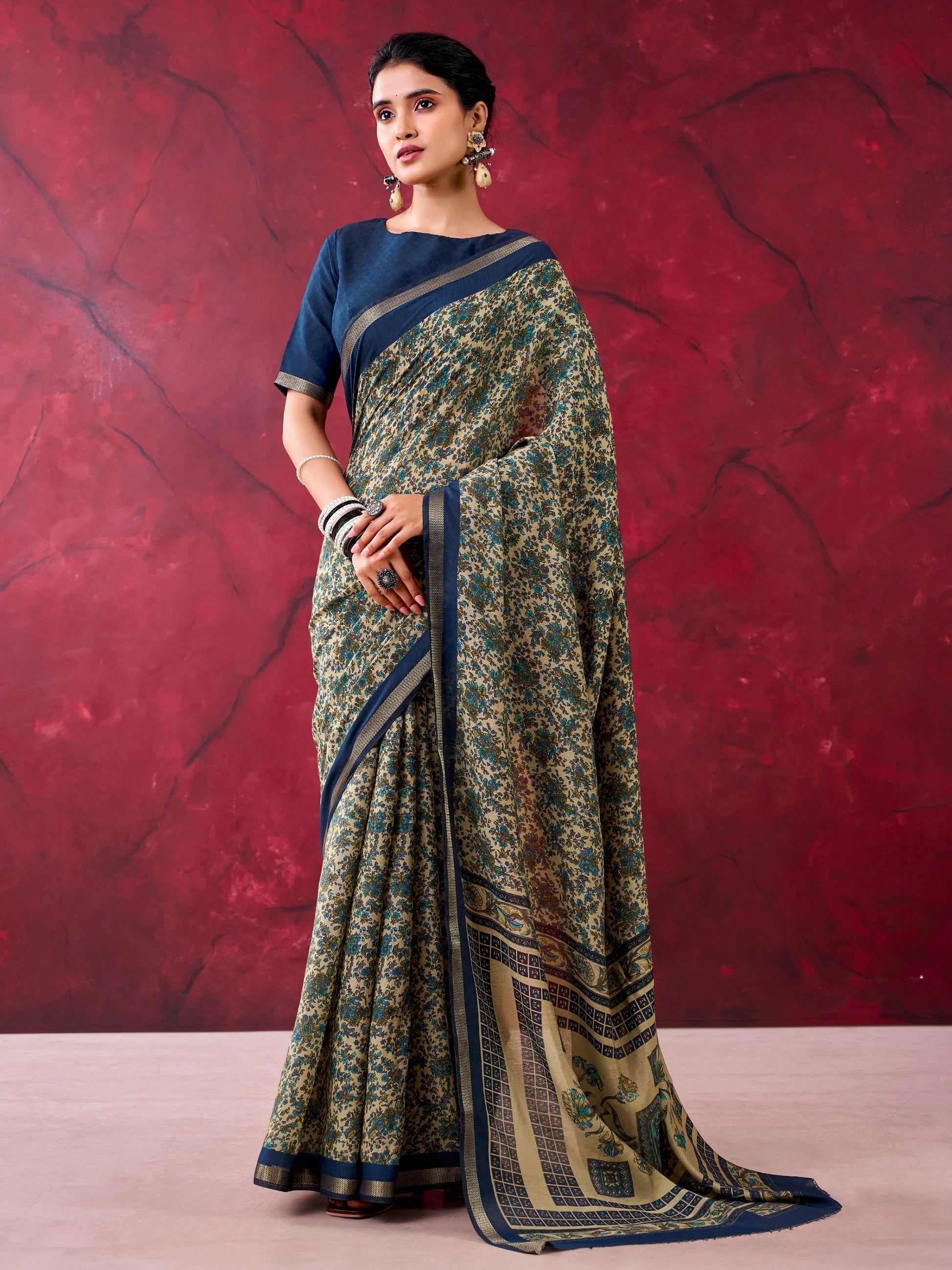 Attractive Navy-Blue Printed Cotton Festival Wear Saree With Blouse