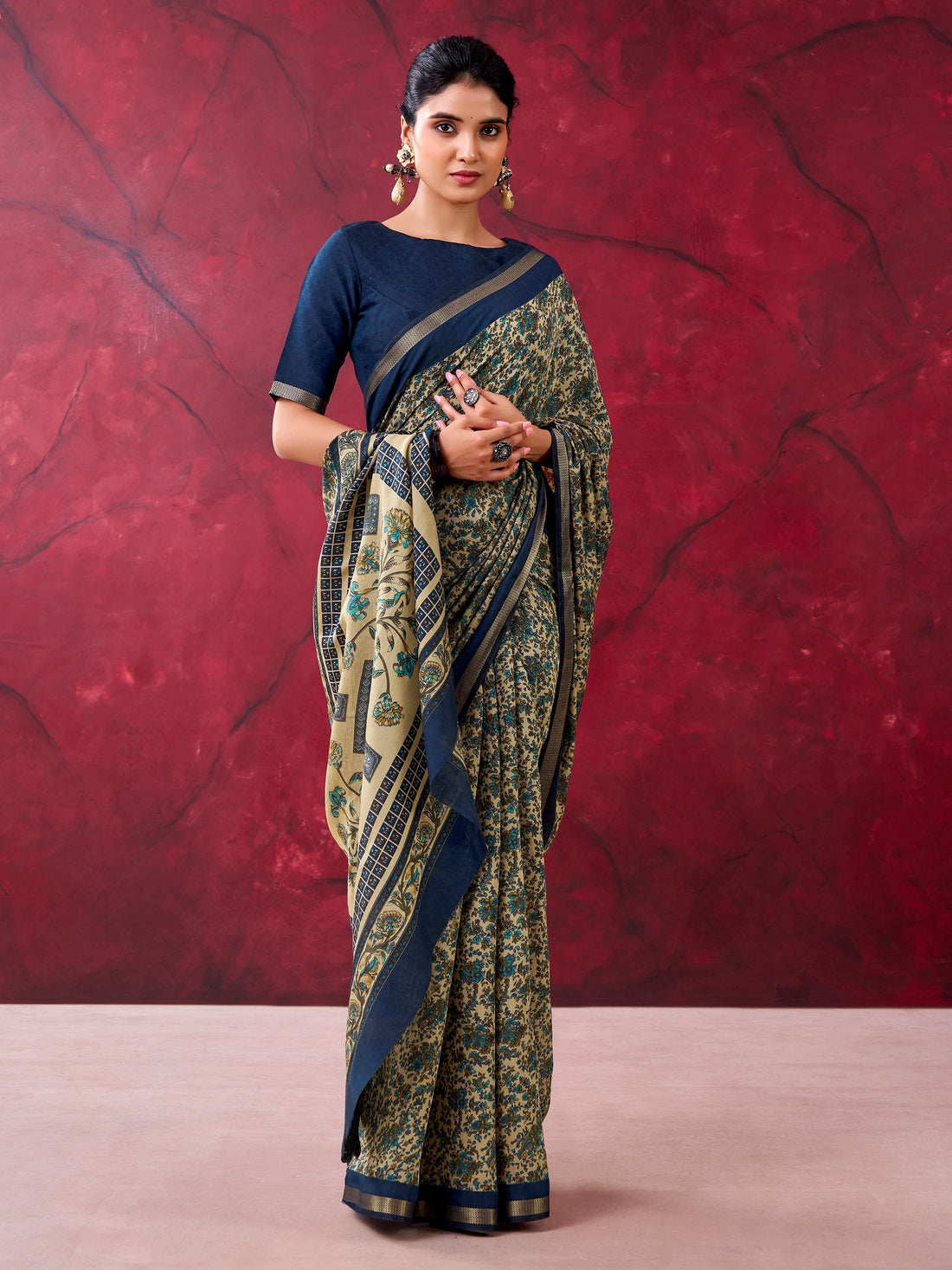 Attractive Navy-Blue Printed Cotton Festival Wear Saree With Blouse