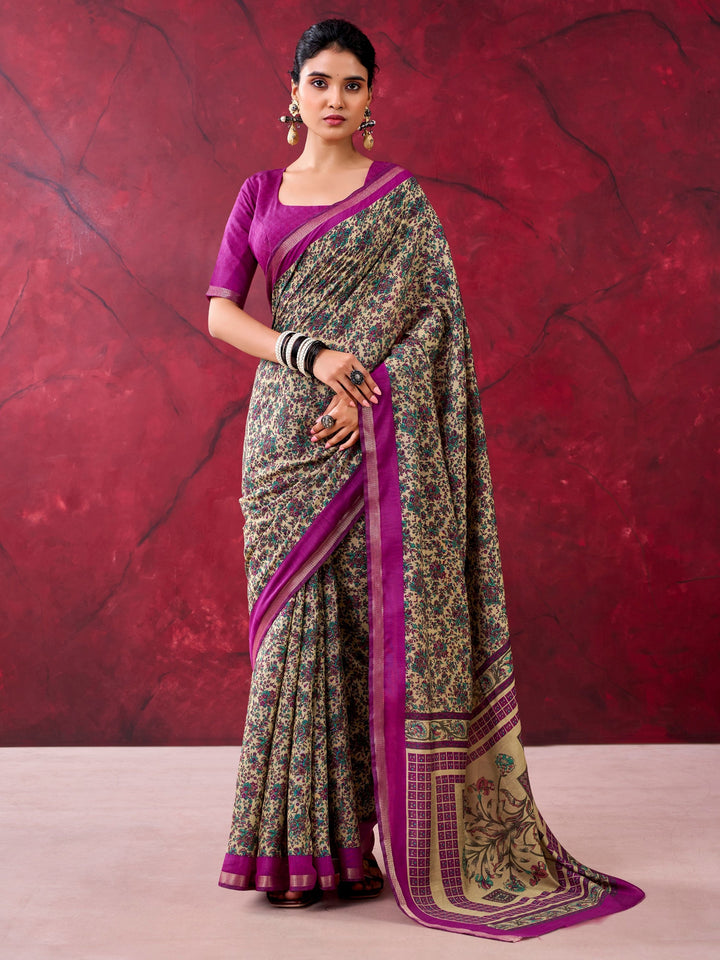 Dazzling Magenta Floral Printed Cotton Daily Wear Saree With Blouse