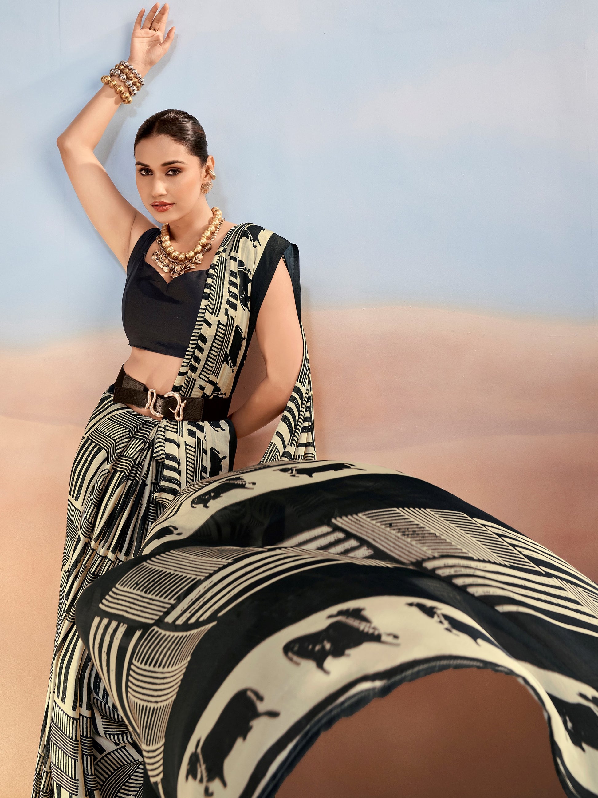 Beautiful Black Chiffon Printed Casual Wear Saree With Blouse
