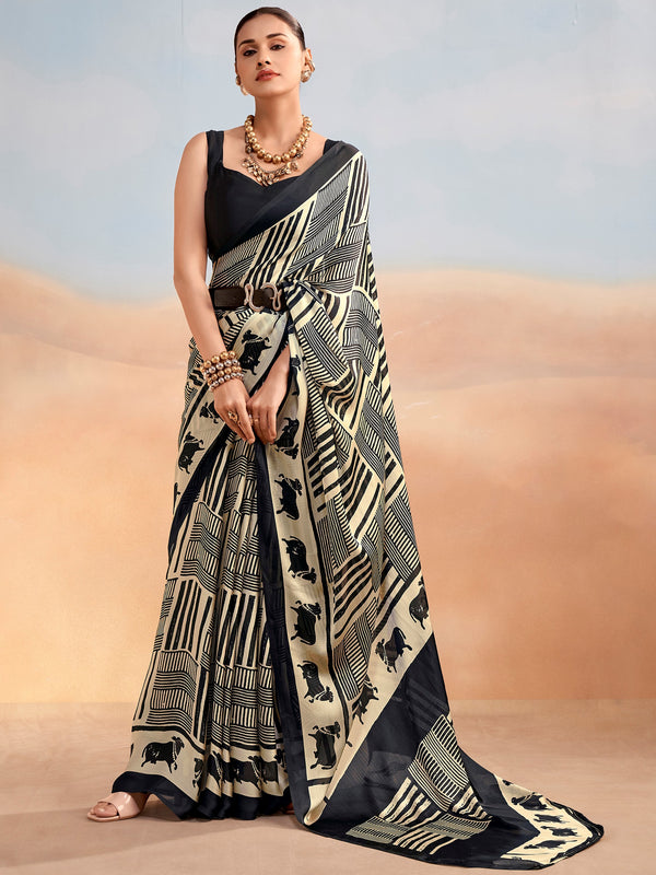Beautiful Black Chiffon Printed Casual Wear Saree With Blouse