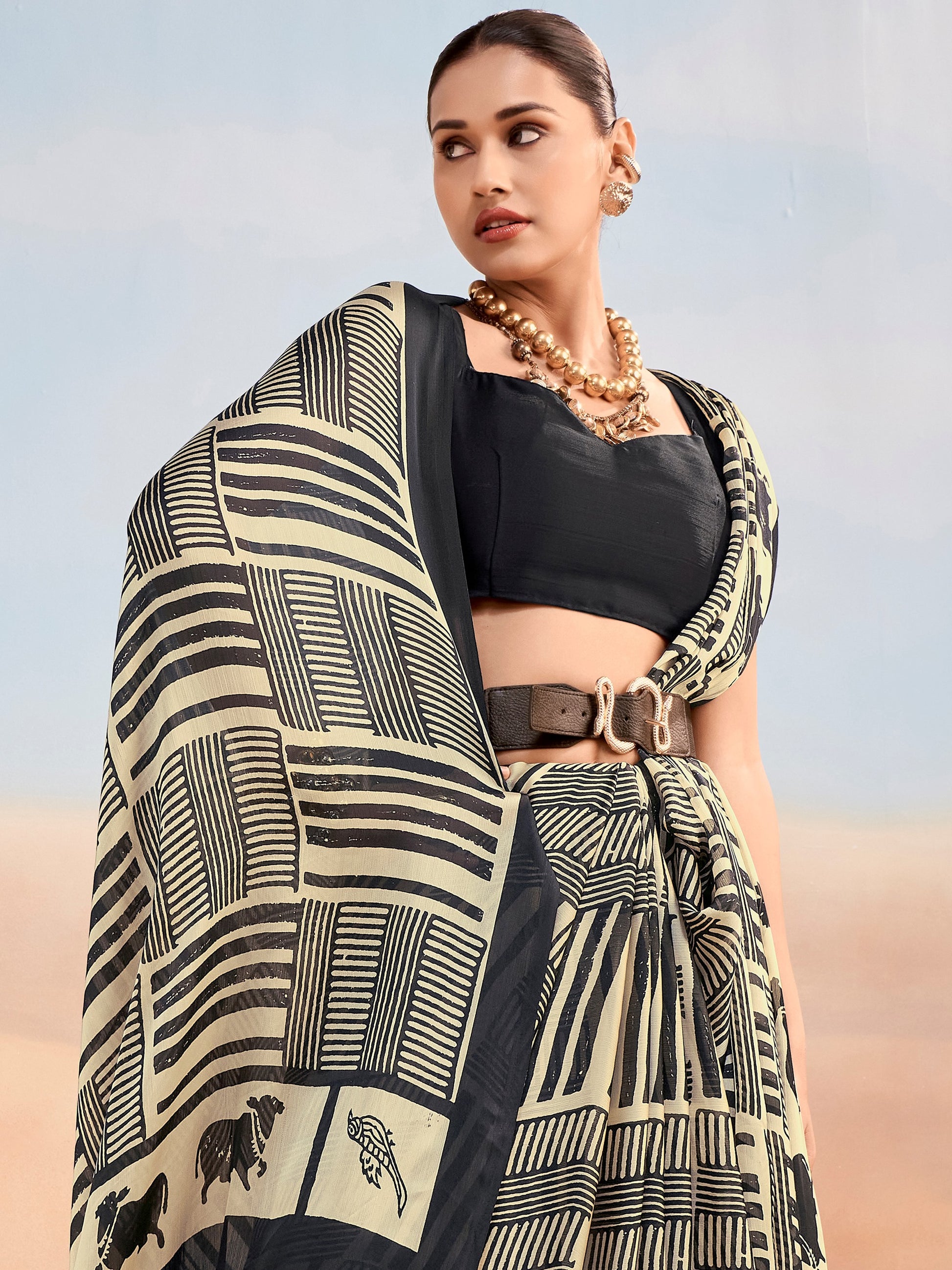Beautiful Black Chiffon Printed Casual Wear Saree With Blouse
